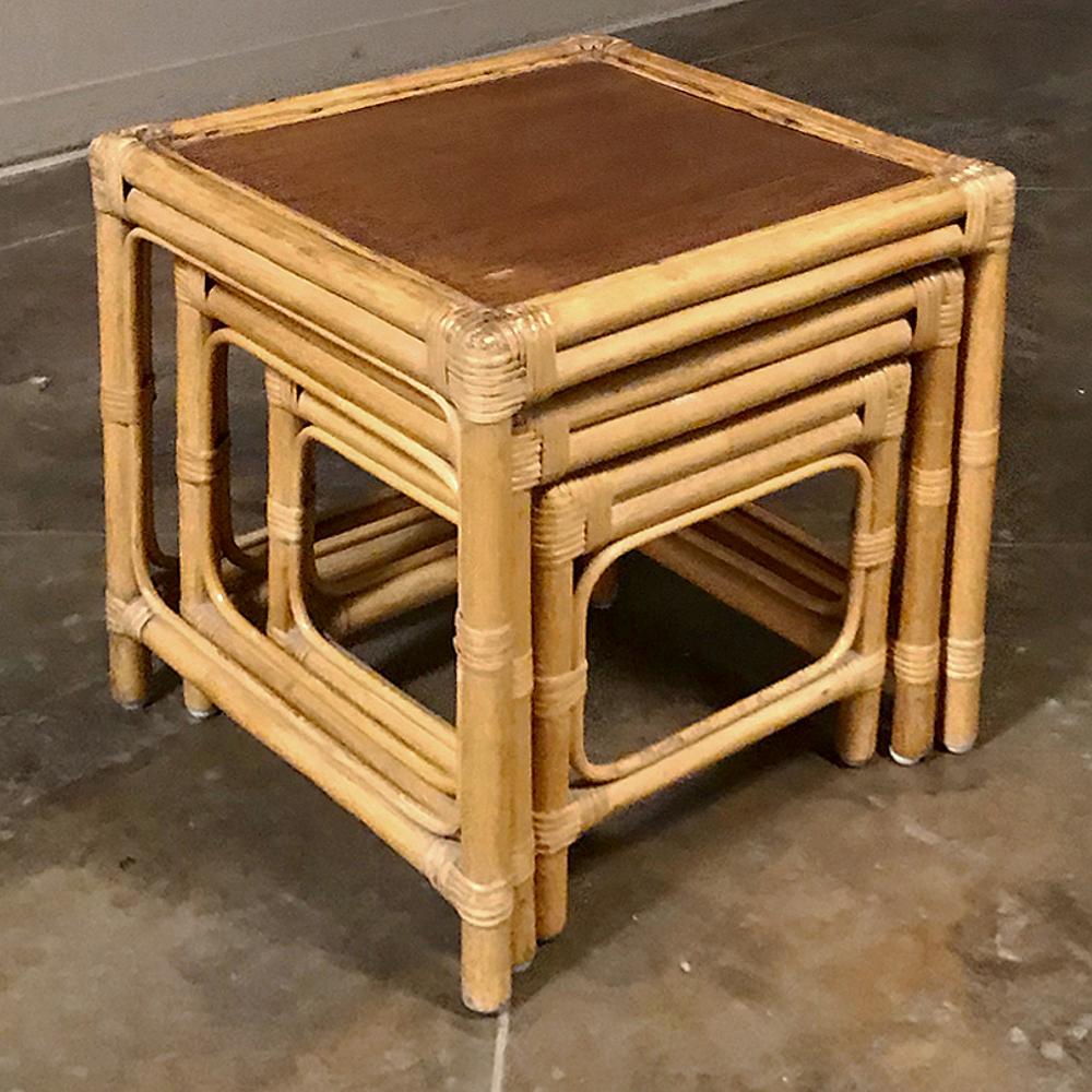 Hand-Crafted Midcentury Bamboo and Rattan Nesting Tables For Sale