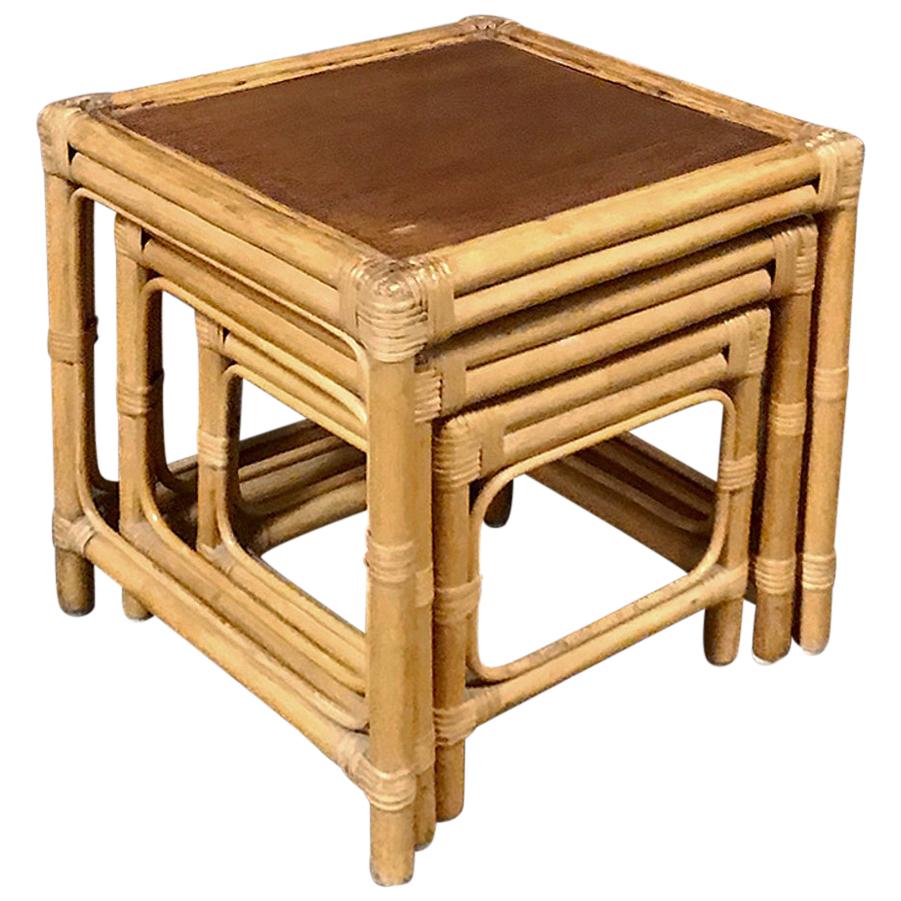 Midcentury Bamboo and Rattan Nesting Tables For Sale