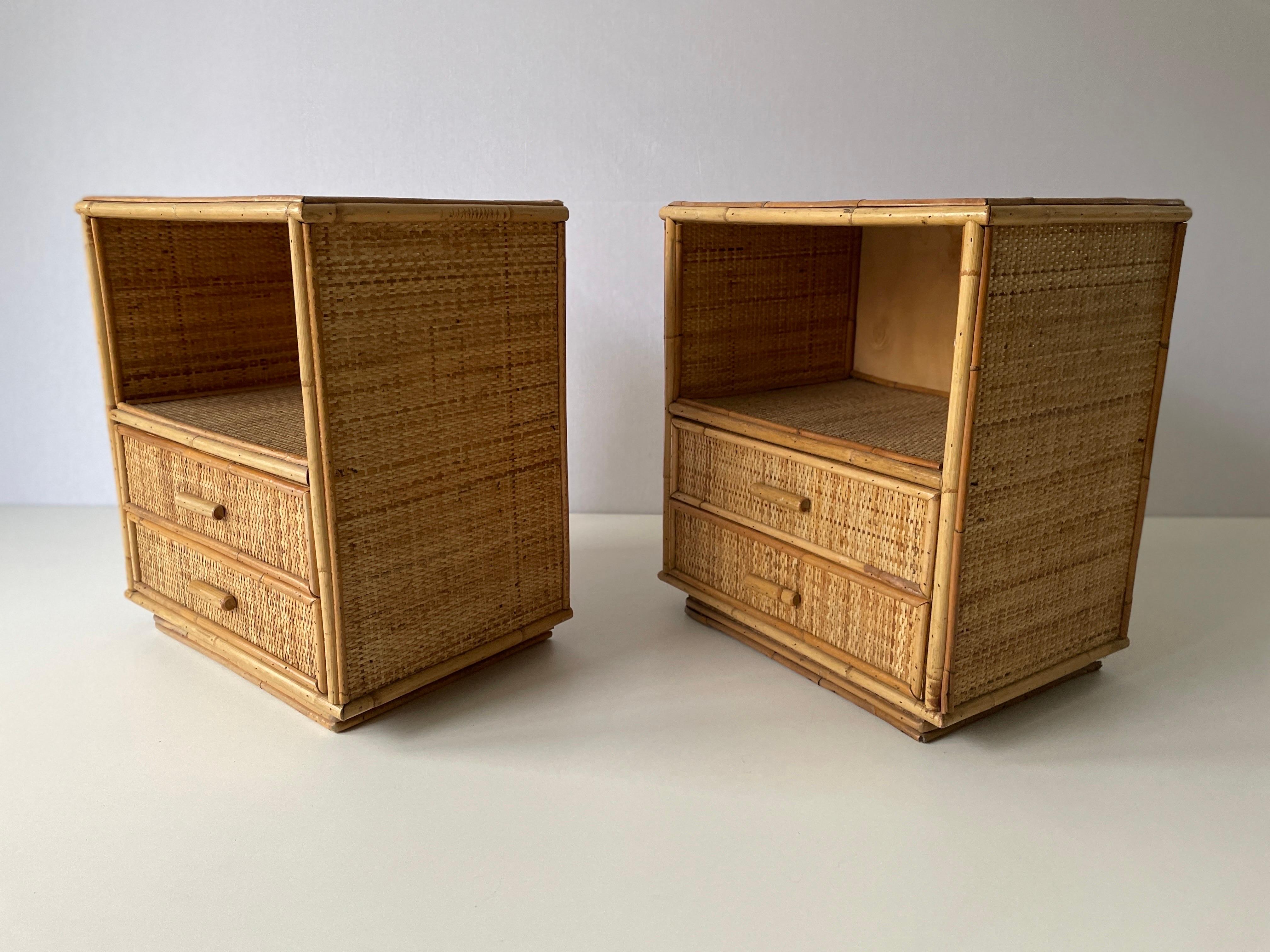 Mid-century Bamboo & Rattan Pair of Bedside Tables, 1970s, Italy For Sale 4