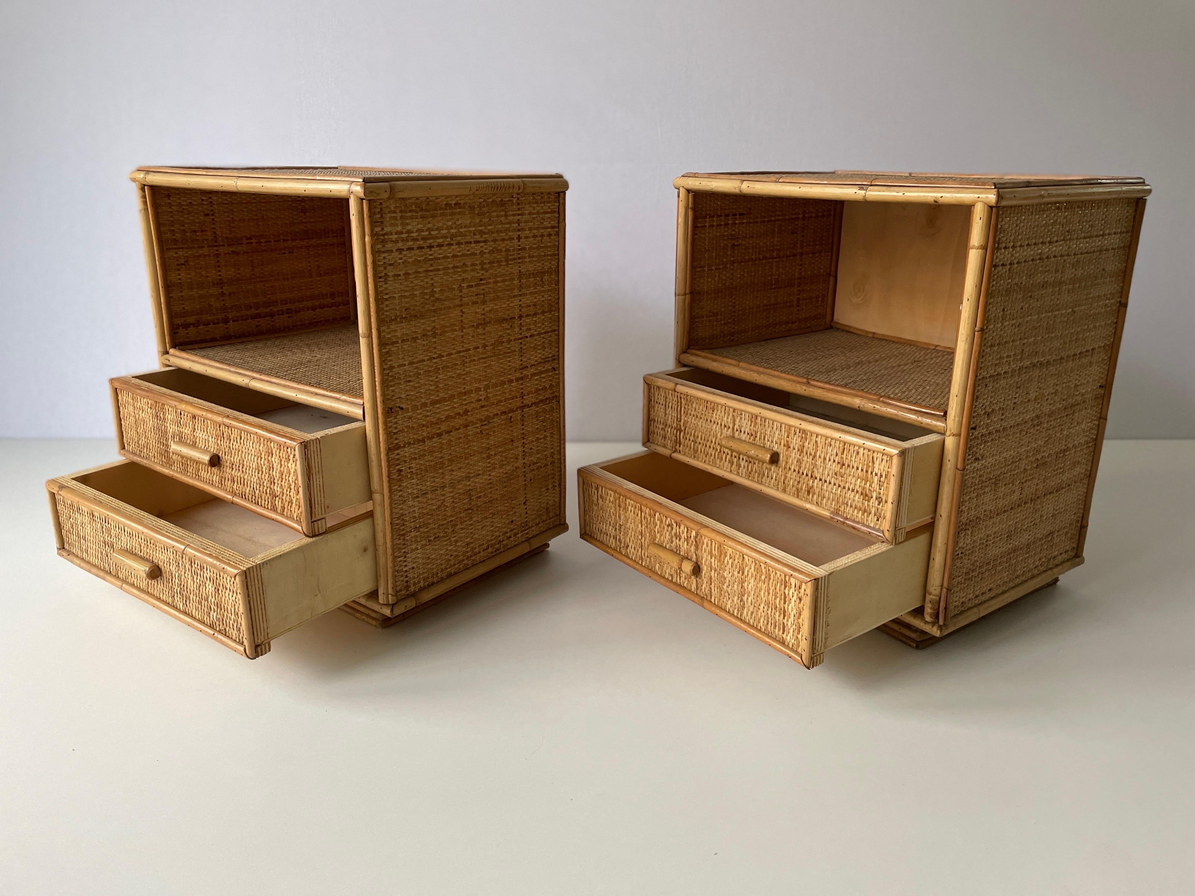 Mid-century Bamboo & Rattan Pair of Bedside Tables, 1970s, Italy For Sale 5