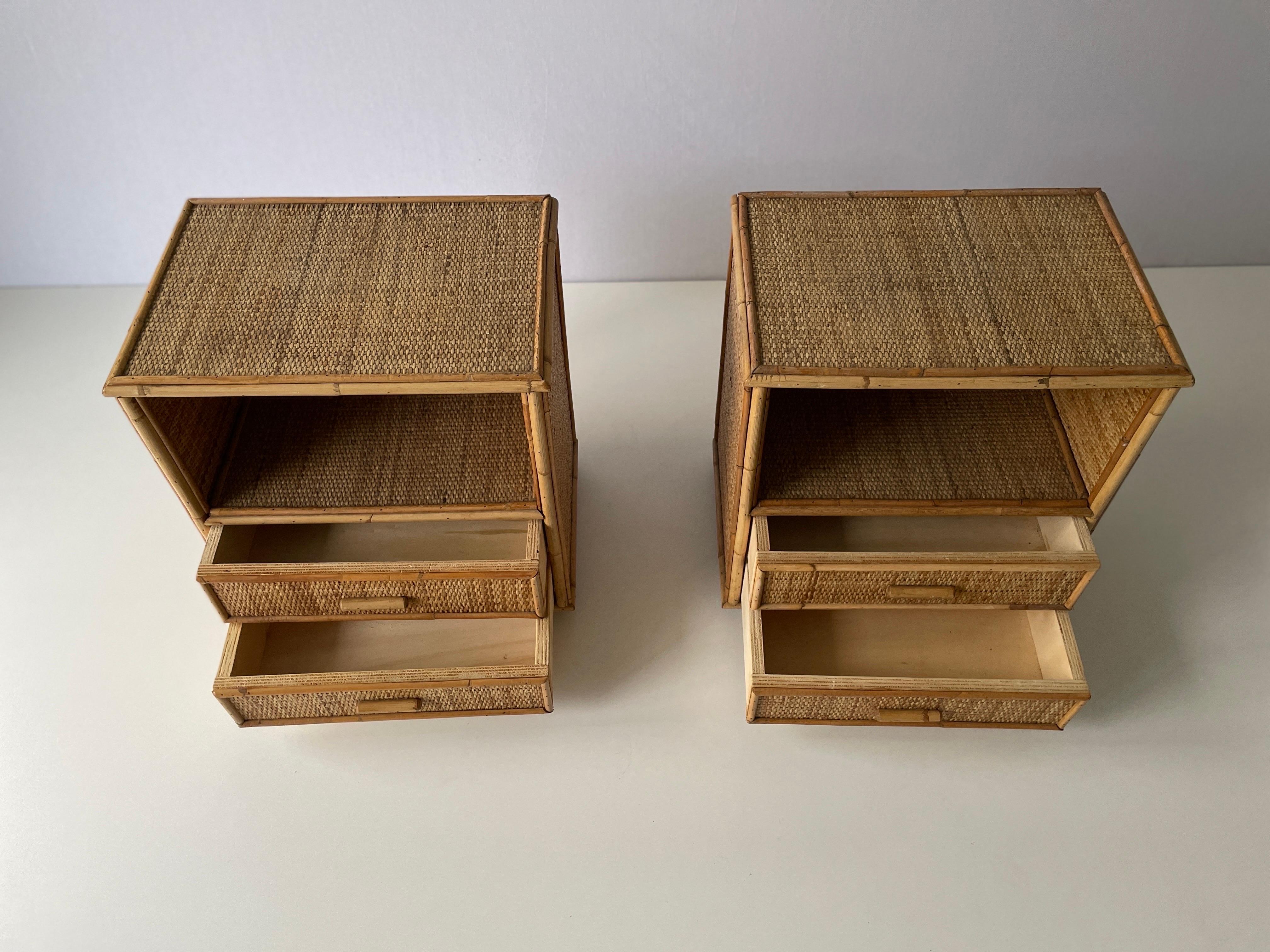 Mid-century Bamboo & Rattan Pair of Bedside Tables, 1970s, Italy For Sale 6