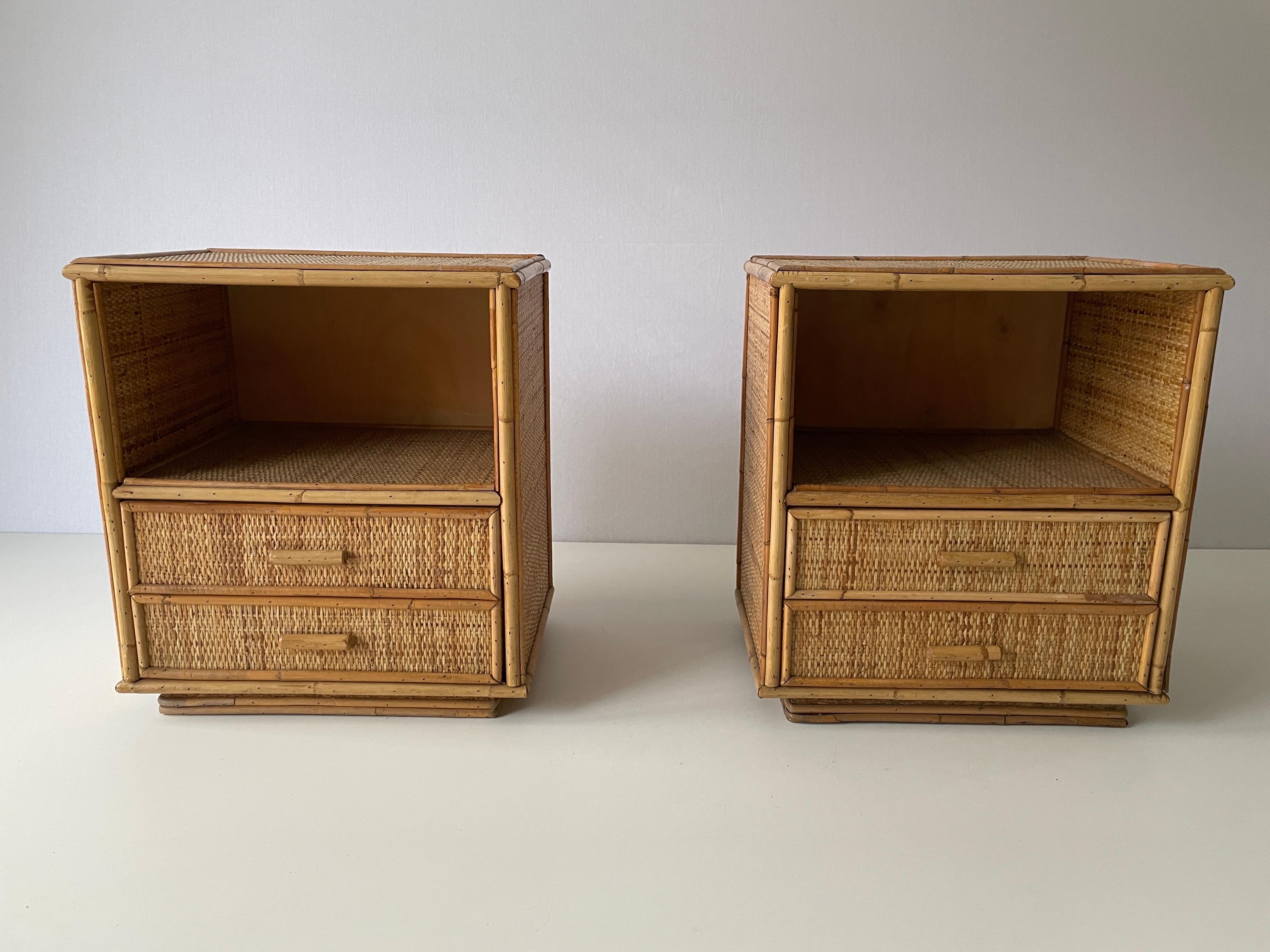 Mid-Century Modern Mid-century Bamboo & Rattan Pair of Bedside Tables, 1970s, Italy For Sale