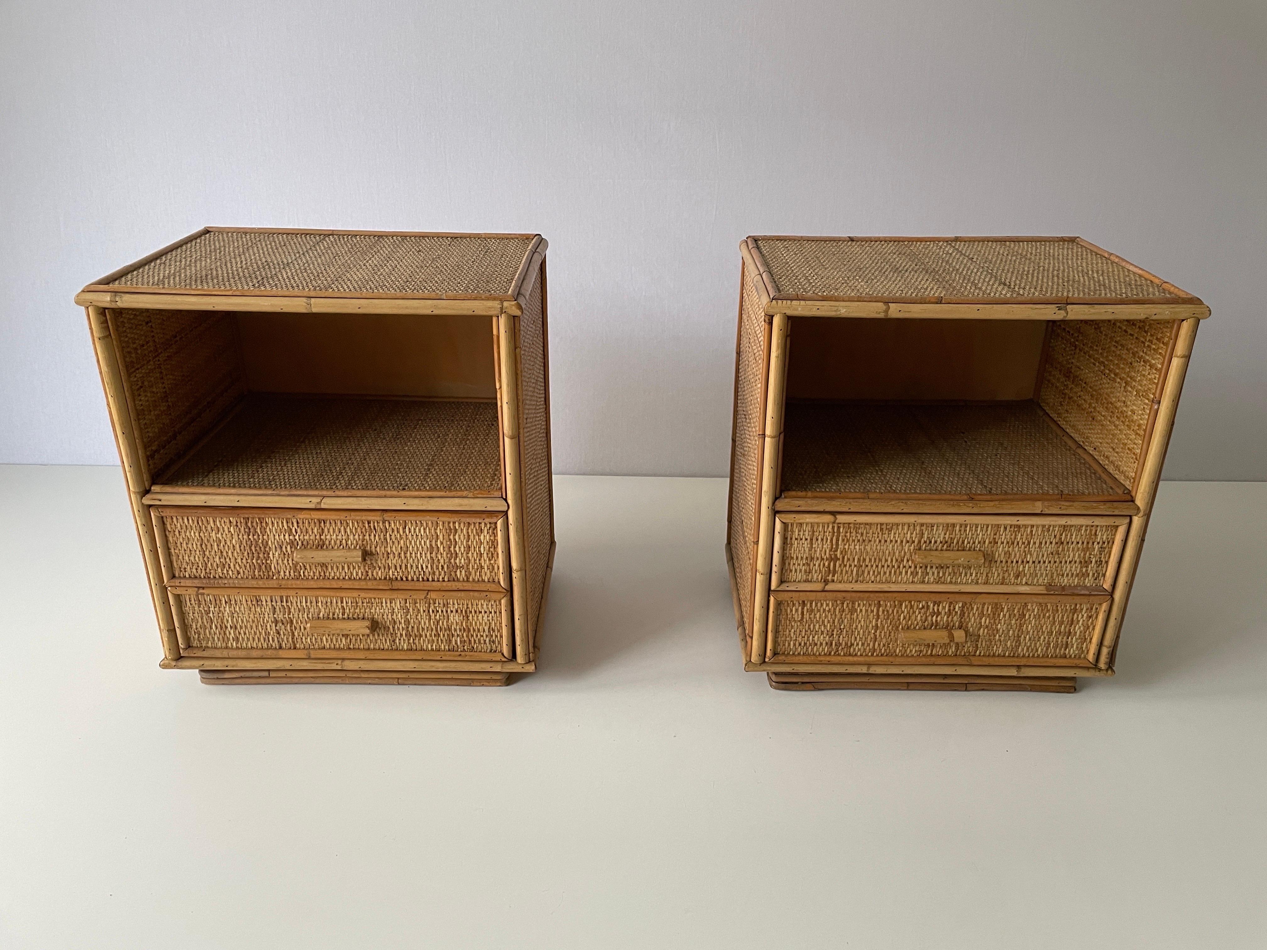 Italian Mid-century Bamboo & Rattan Pair of Bedside Tables, 1970s, Italy For Sale