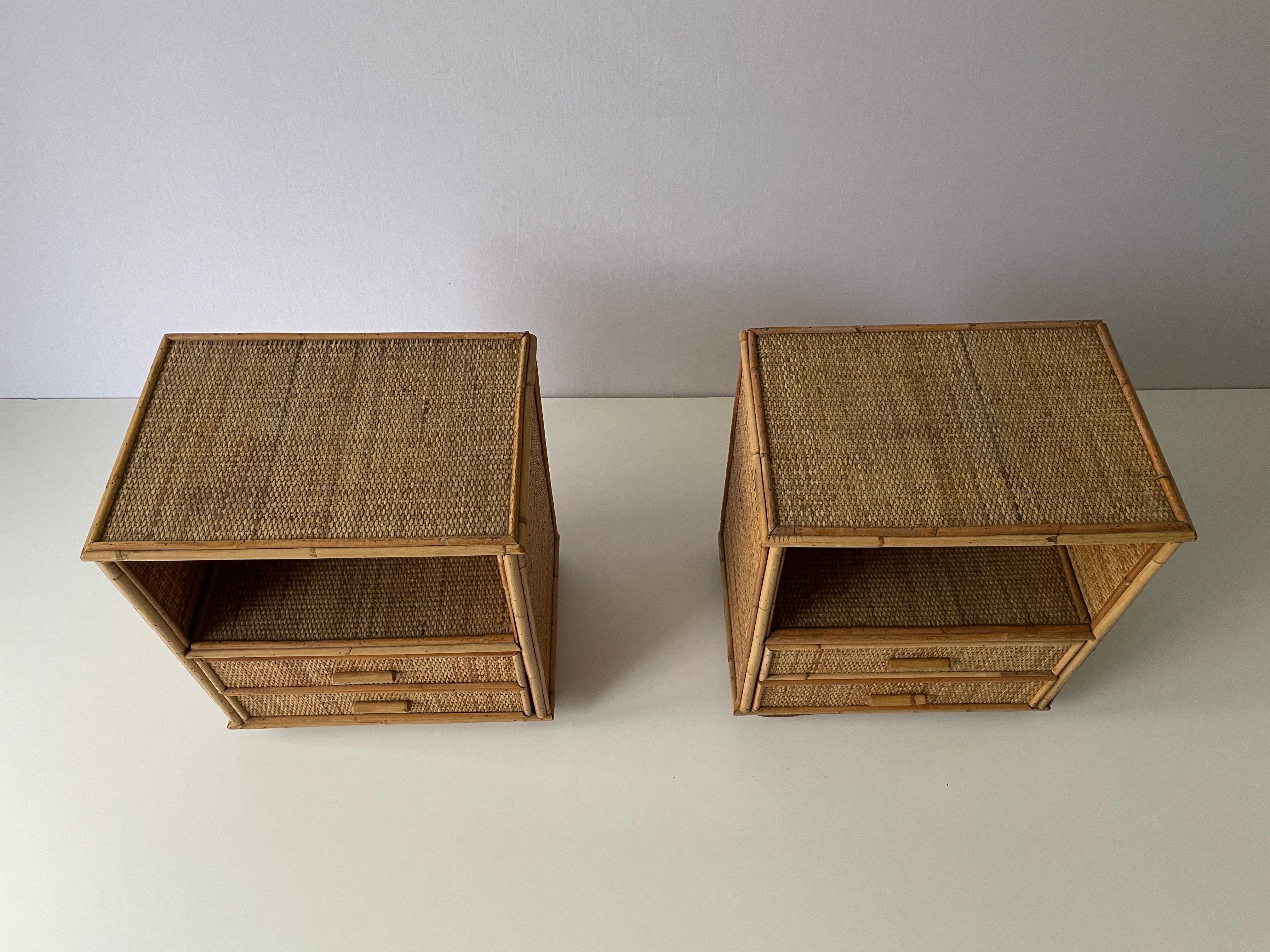 Late 20th Century Mid-century Bamboo & Rattan Pair of Bedside Tables, 1970s, Italy For Sale