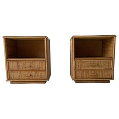 Mid-century Bamboo 
Rattan Pair of Bedside Tables, 1970s, Italy