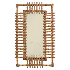 Mid-Century Bamboo & Rattan Rectangular Wall Mirror with Patina, France, 1950s
