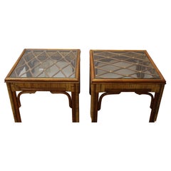 Mid-Century Bamboo / Rattan Side Tables w/ Glass Tops by P. T Fendi Mungil