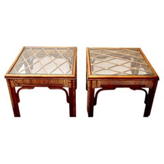 Mid-Century Bamboo / Rattan Side Tables w/ Glass Tops by P. T Fendi Mungil