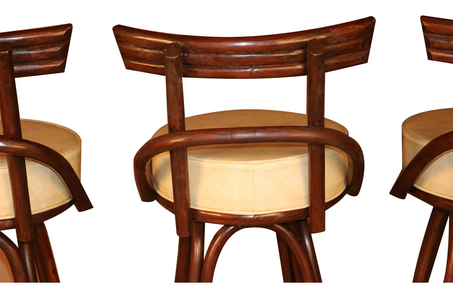 Midcentury Bamboo Rattan Tiki Bentwood Bar Stools Paul Frankl Style In Good Condition In Baltimore, MD