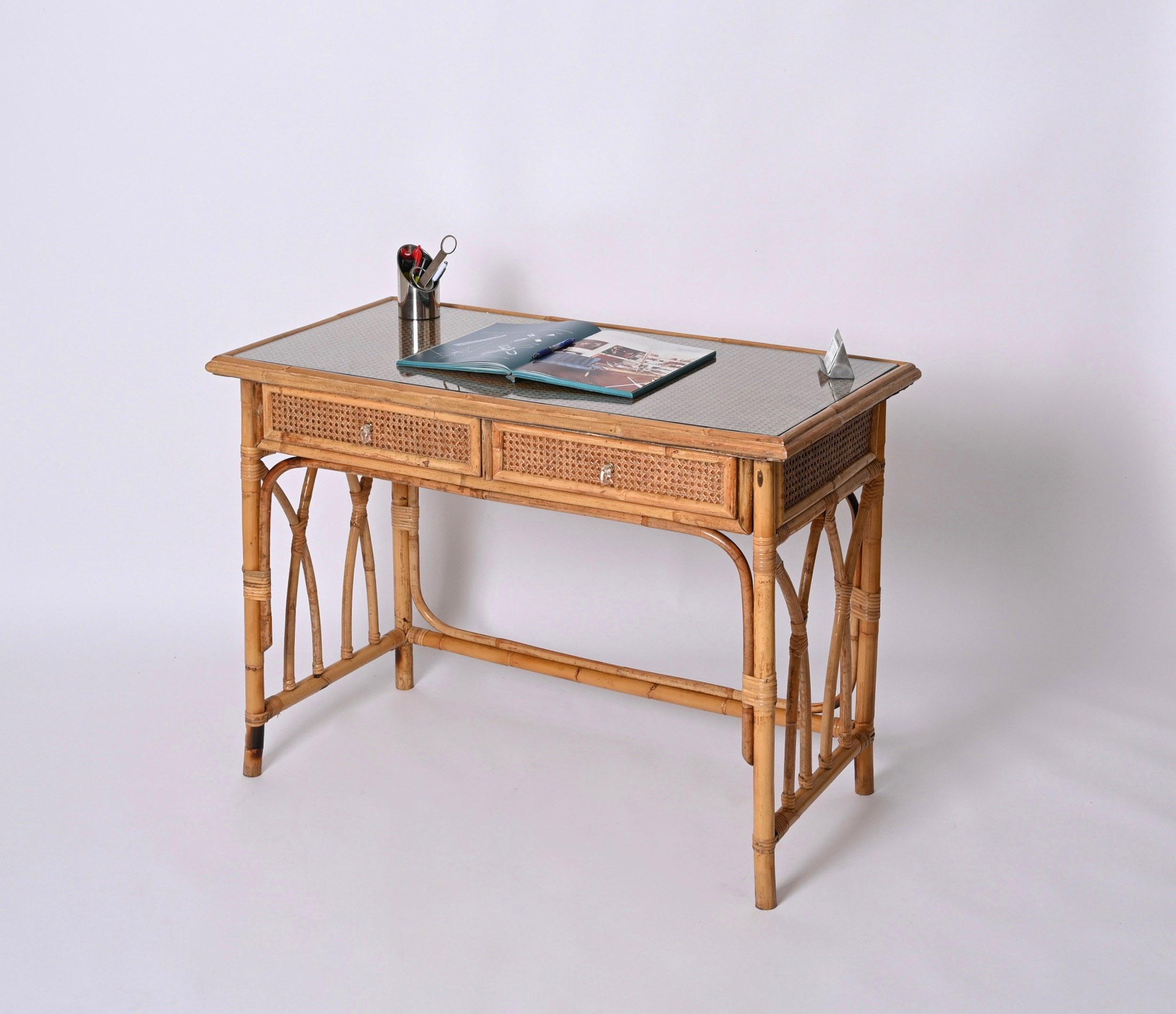 Mid-Century  Bamboo, Rattan Wicker and Glass Italian Desk with Drawers, 1970s 4