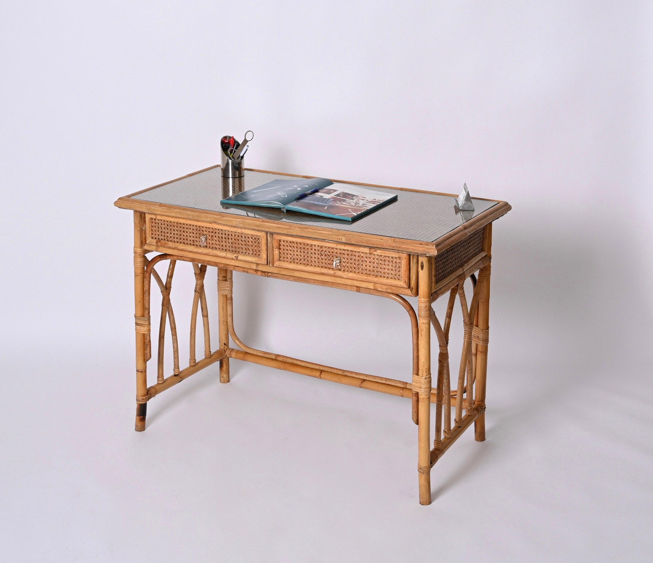 Mid-Century  Bamboo, Rattan Wicker and Glass Italian Desk with Drawers, 1970s For Sale 3