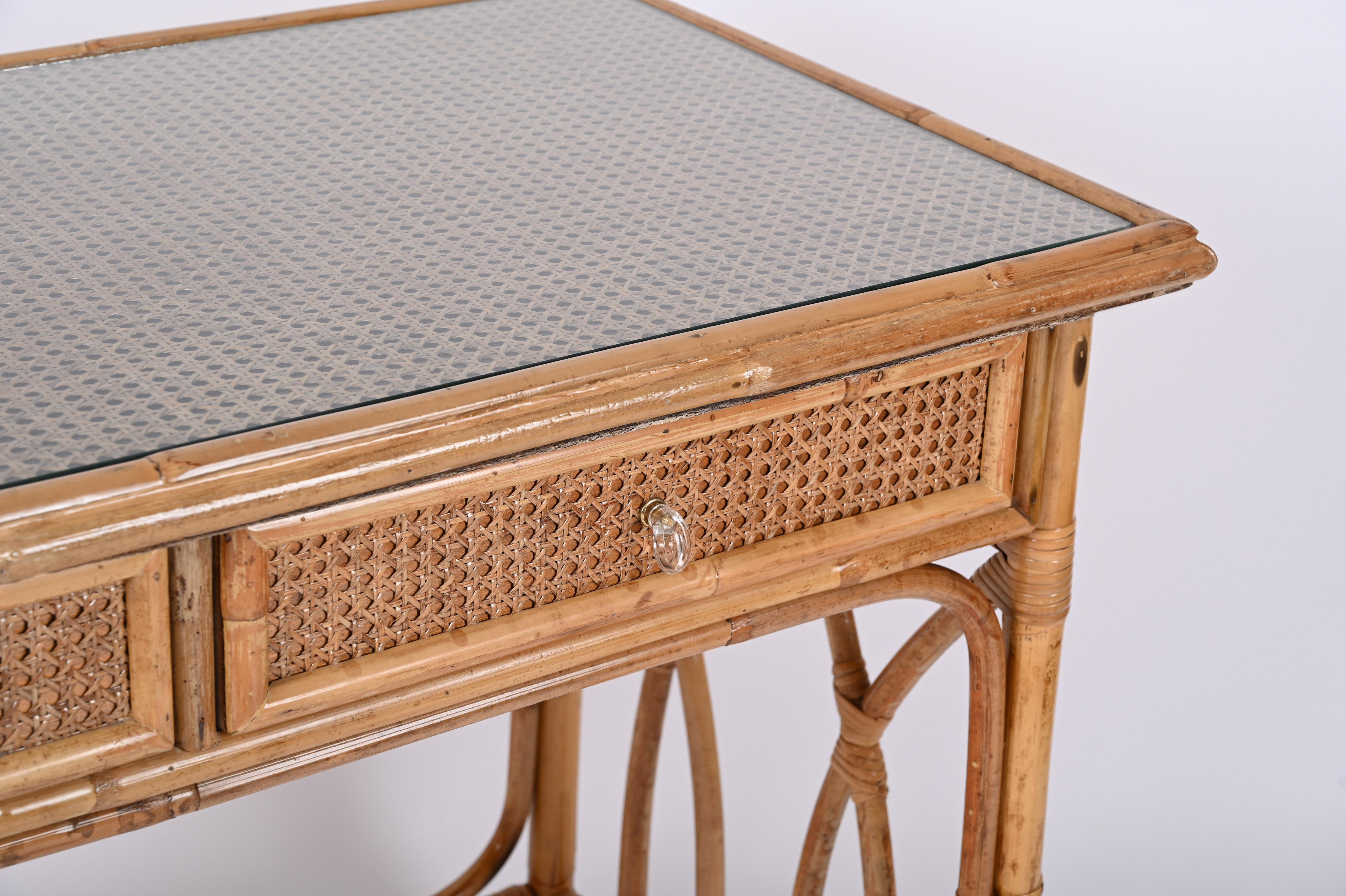 Mid-Century  Bamboo, Rattan Wicker and Glass Italian Desk with Drawers, 1970s For Sale 5