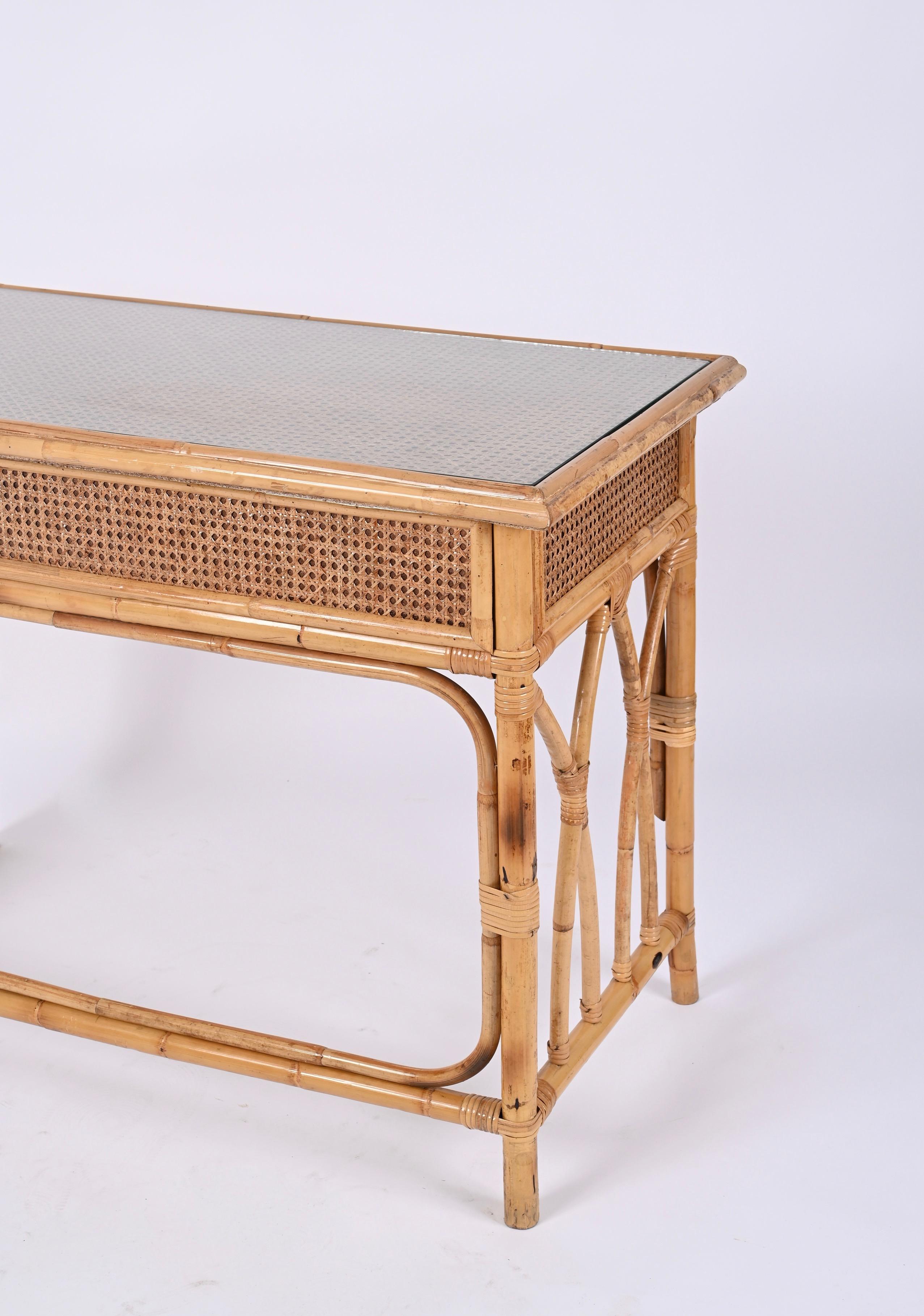 Mid-Century  Bamboo, Rattan Wicker and Glass Italian Desk with Drawers, 1970s For Sale 6