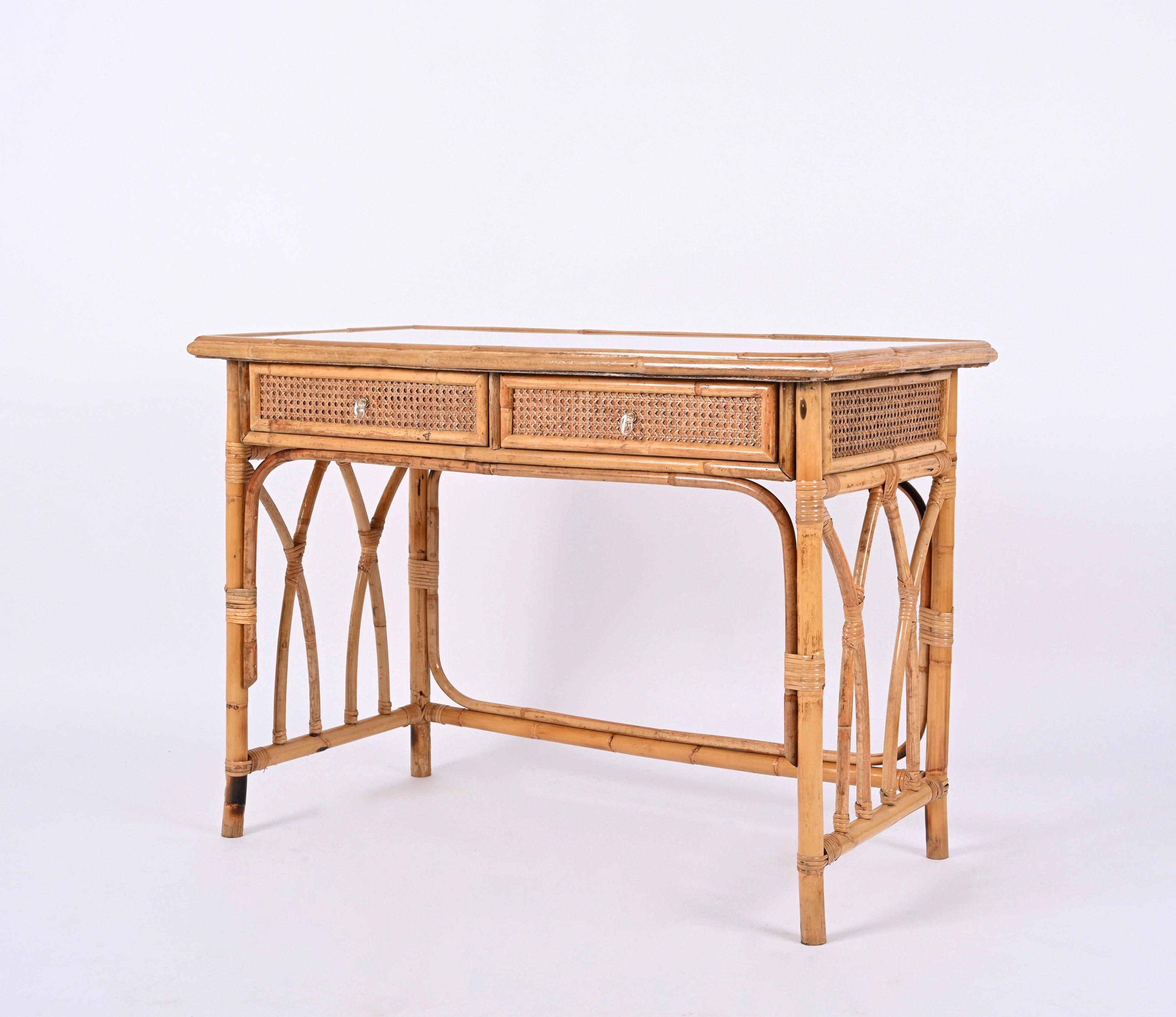 Mid-Century  Bamboo, Rattan Wicker and Glass Italian Desk with Drawers, 1970s For Sale 7
