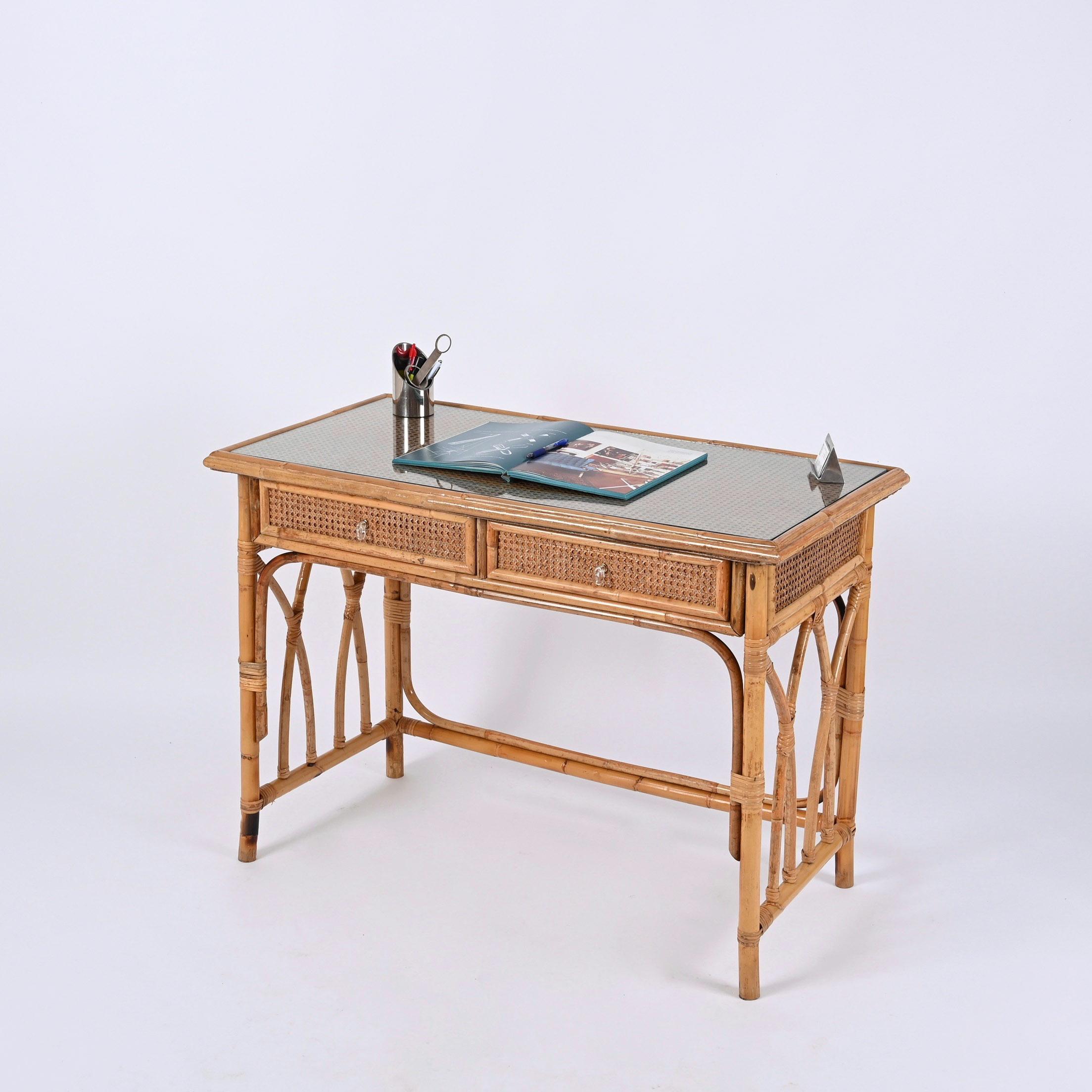 Mid-Century  Bamboo, Rattan Wicker and Glass Italian Desk with Drawers, 1970s For Sale 8