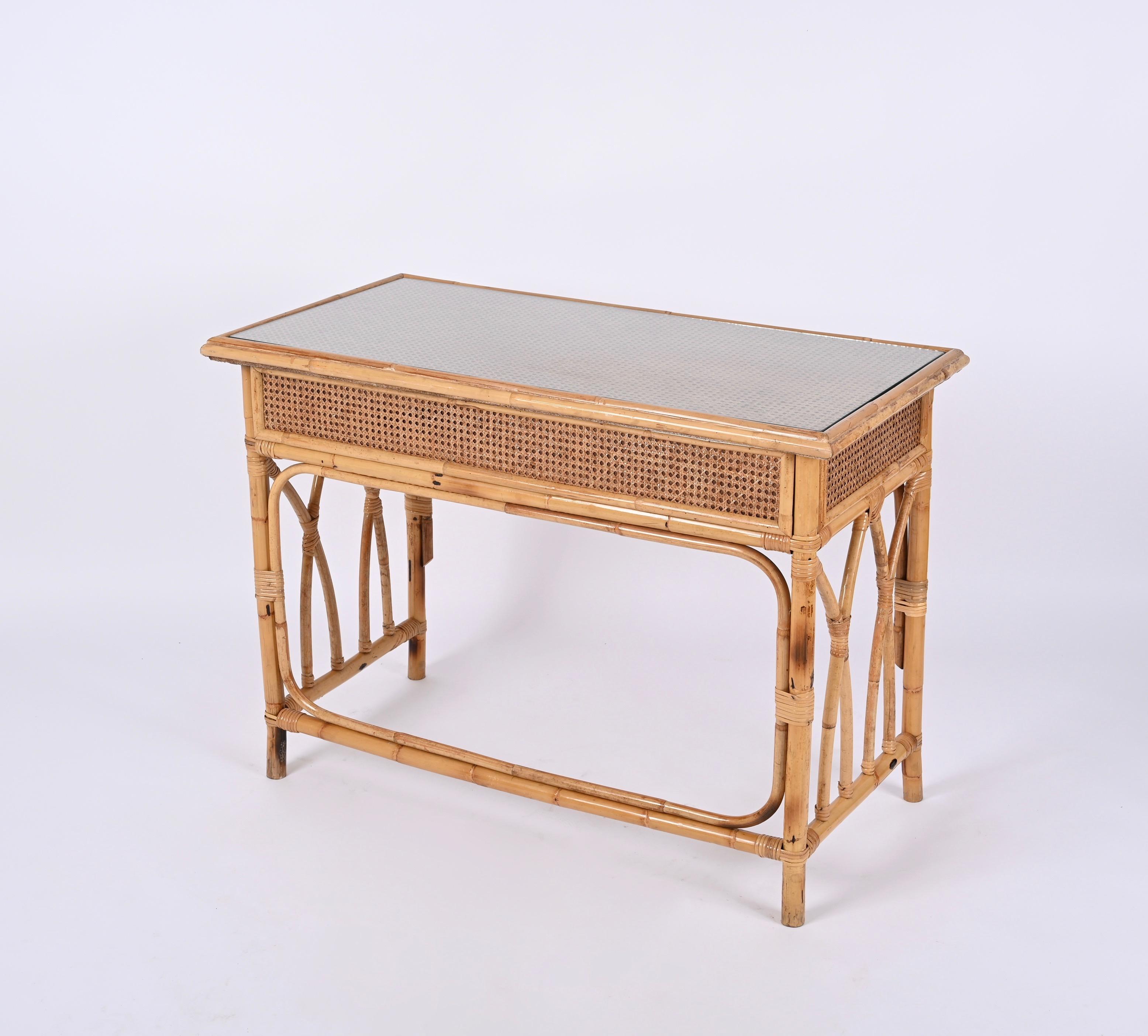 Mid-Century  Bamboo, Rattan Wicker and Glass Italian Desk with Drawers, 1970s For Sale 9