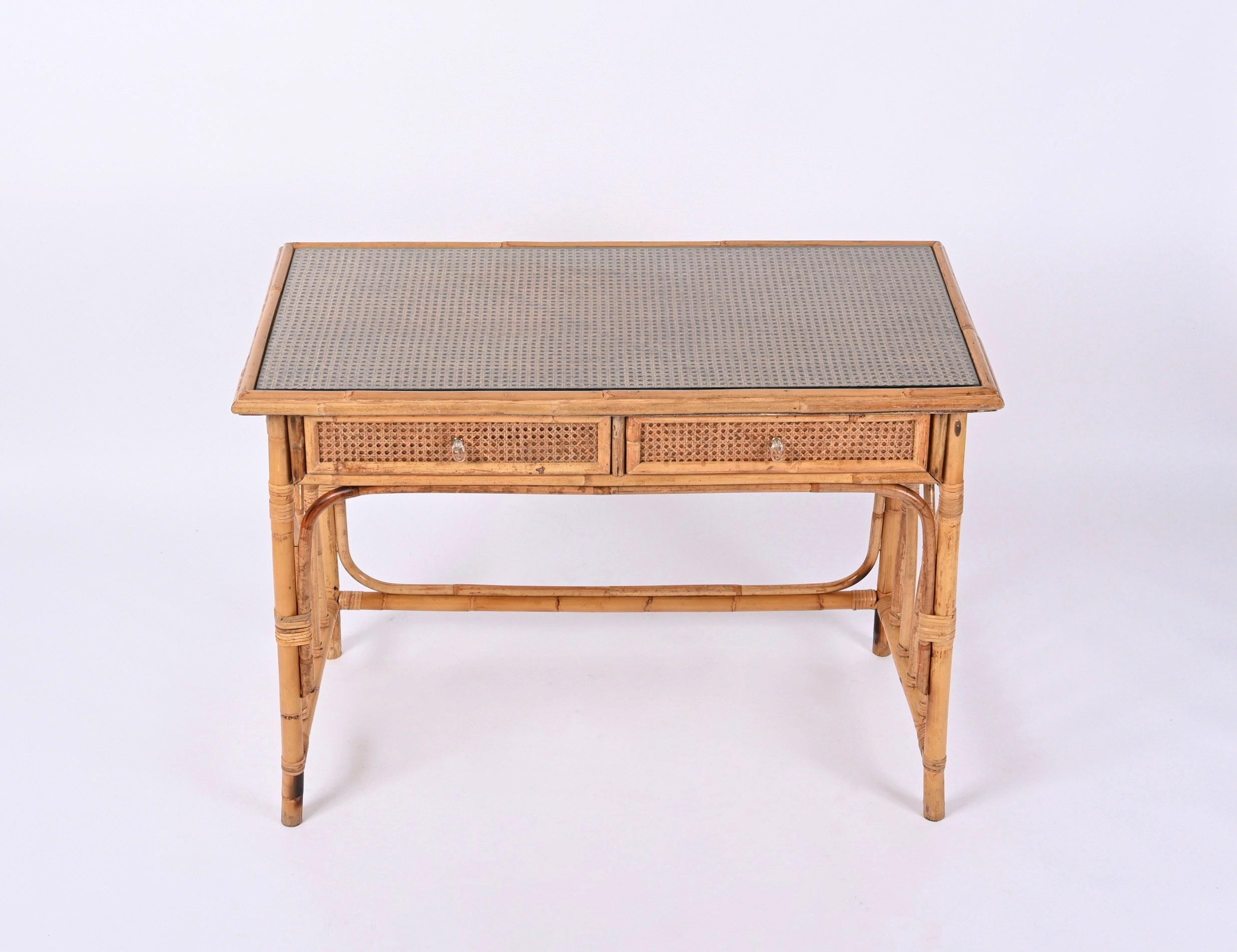 Mid-Century Modern Mid-Century  Bamboo, Rattan Wicker and Glass Italian Desk with Drawers, 1970s For Sale