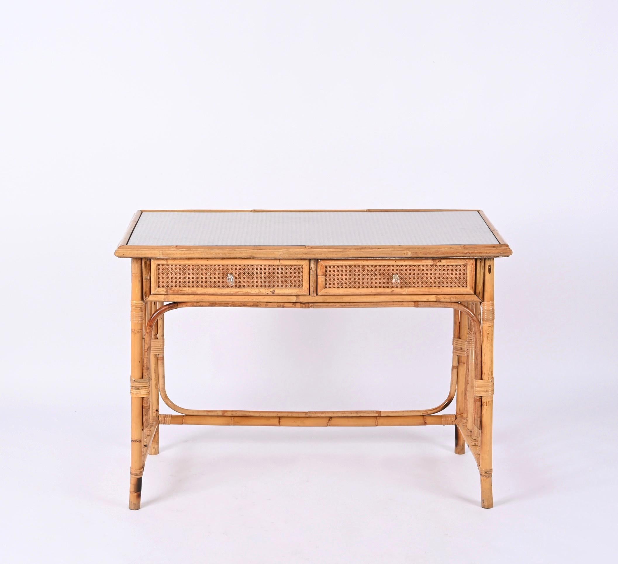 Lucite Mid-Century  Bamboo, Rattan Wicker and Glass Italian Desk with Drawers, 1970s For Sale