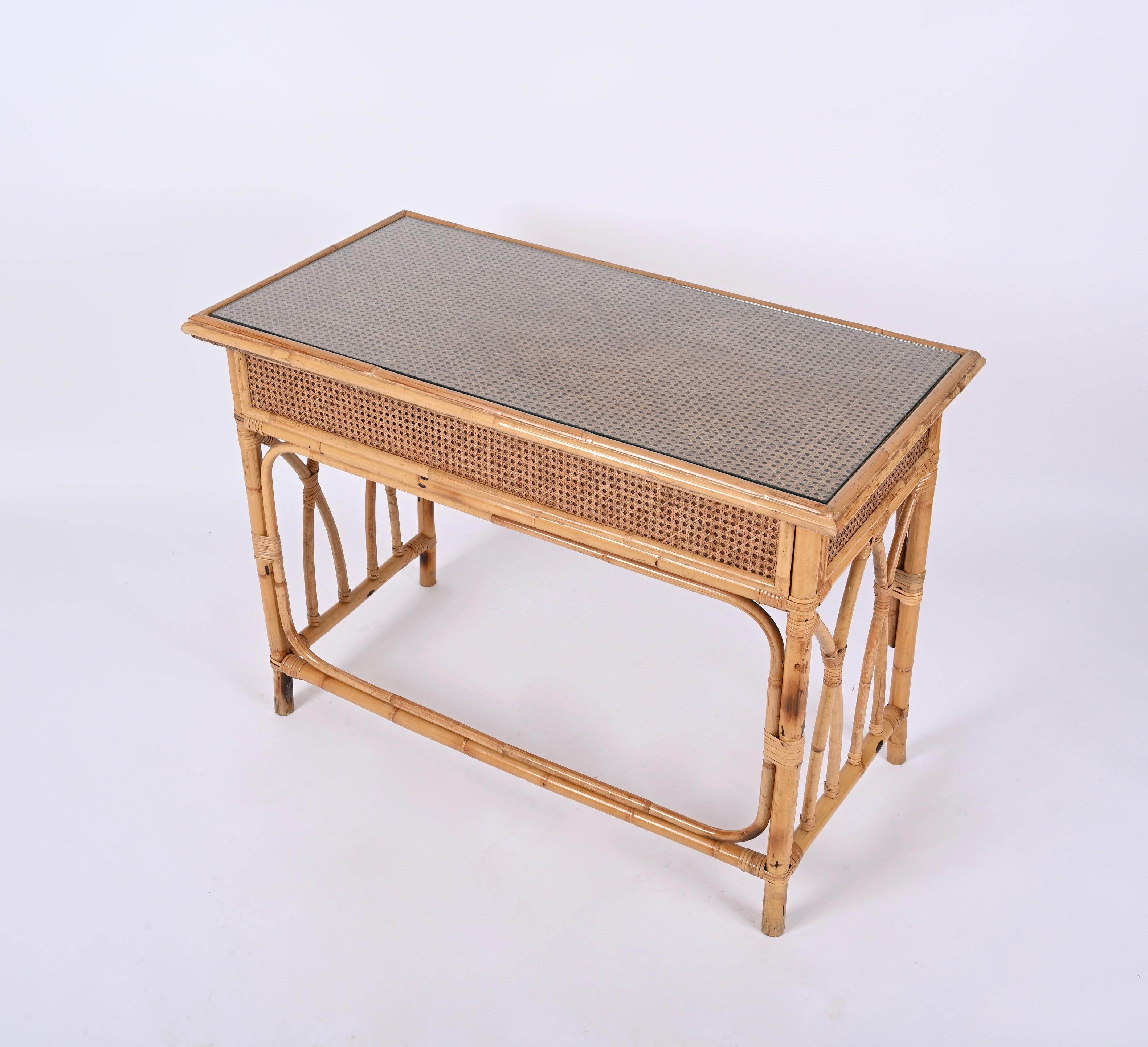 Mid-Century  Bamboo, Rattan Wicker and Glass Italian Desk with Drawers, 1970s For Sale 1