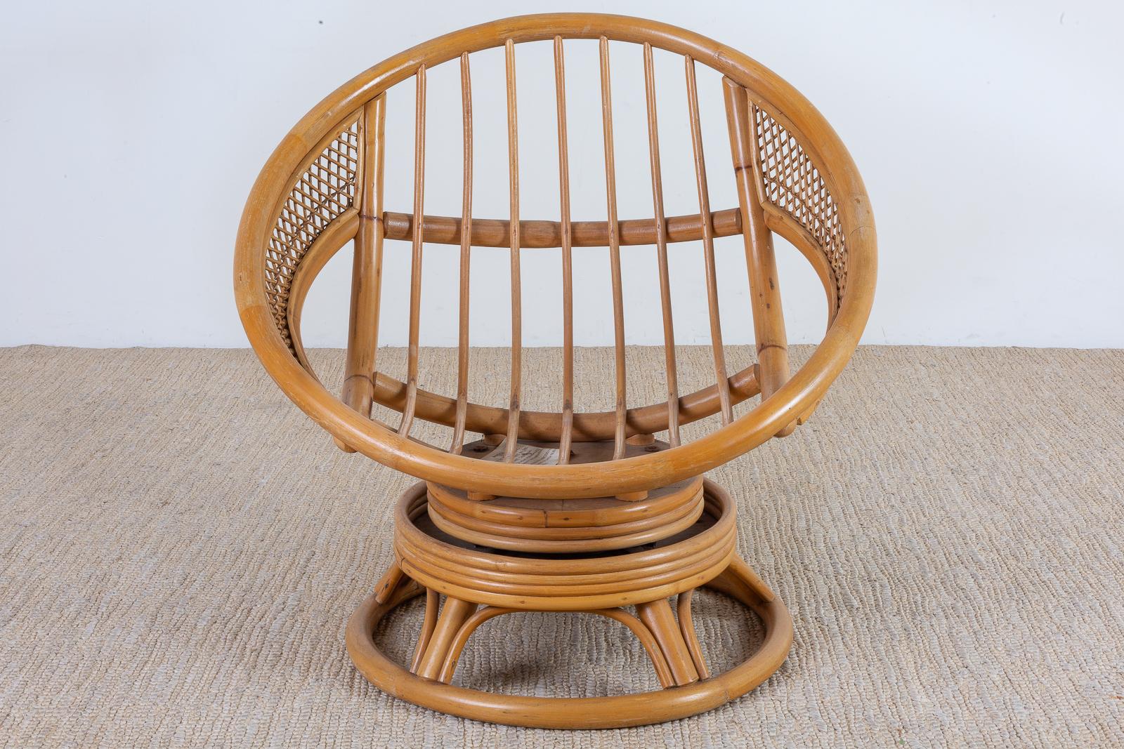 Midcentury Bamboo Rattan Wicker Round Swivel Lounge Chair 2