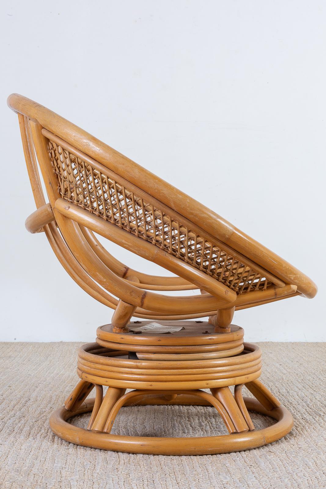 Mid-Century Modern Midcentury Bamboo Rattan Wicker Round Swivel Lounge Chair