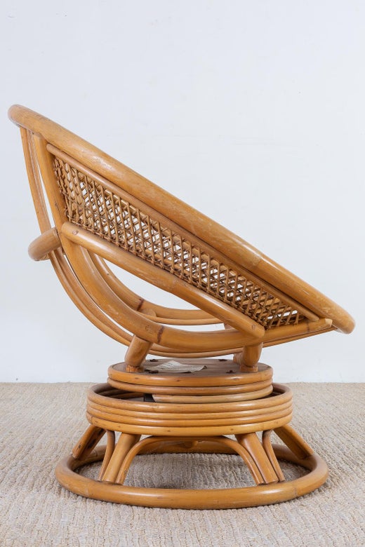 Midcentury Bamboo Rattan Wicker Round Swivel Lounge Chair For Sale At 1stdibs