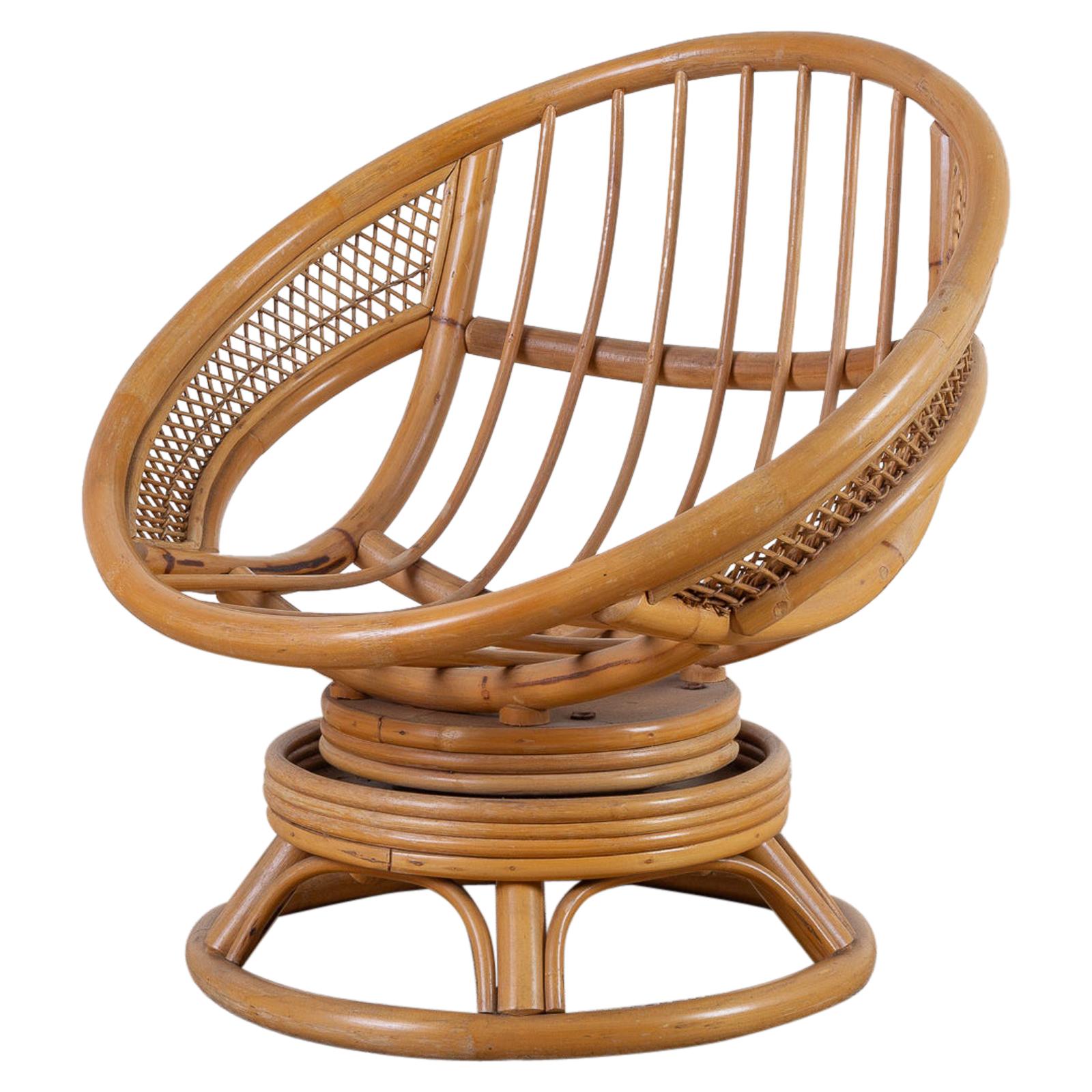 Midcentury Bamboo Rattan Wicker Round Swivel Lounge Chair