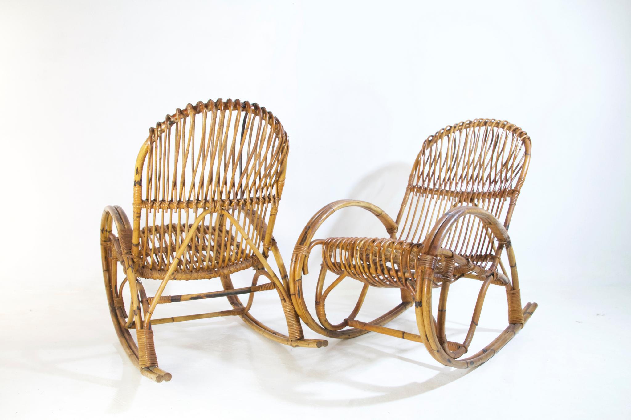 Mid-Century moderno Sedie a dondolo in bambù del Medioevo nello stile di Franco Albini in vendita
