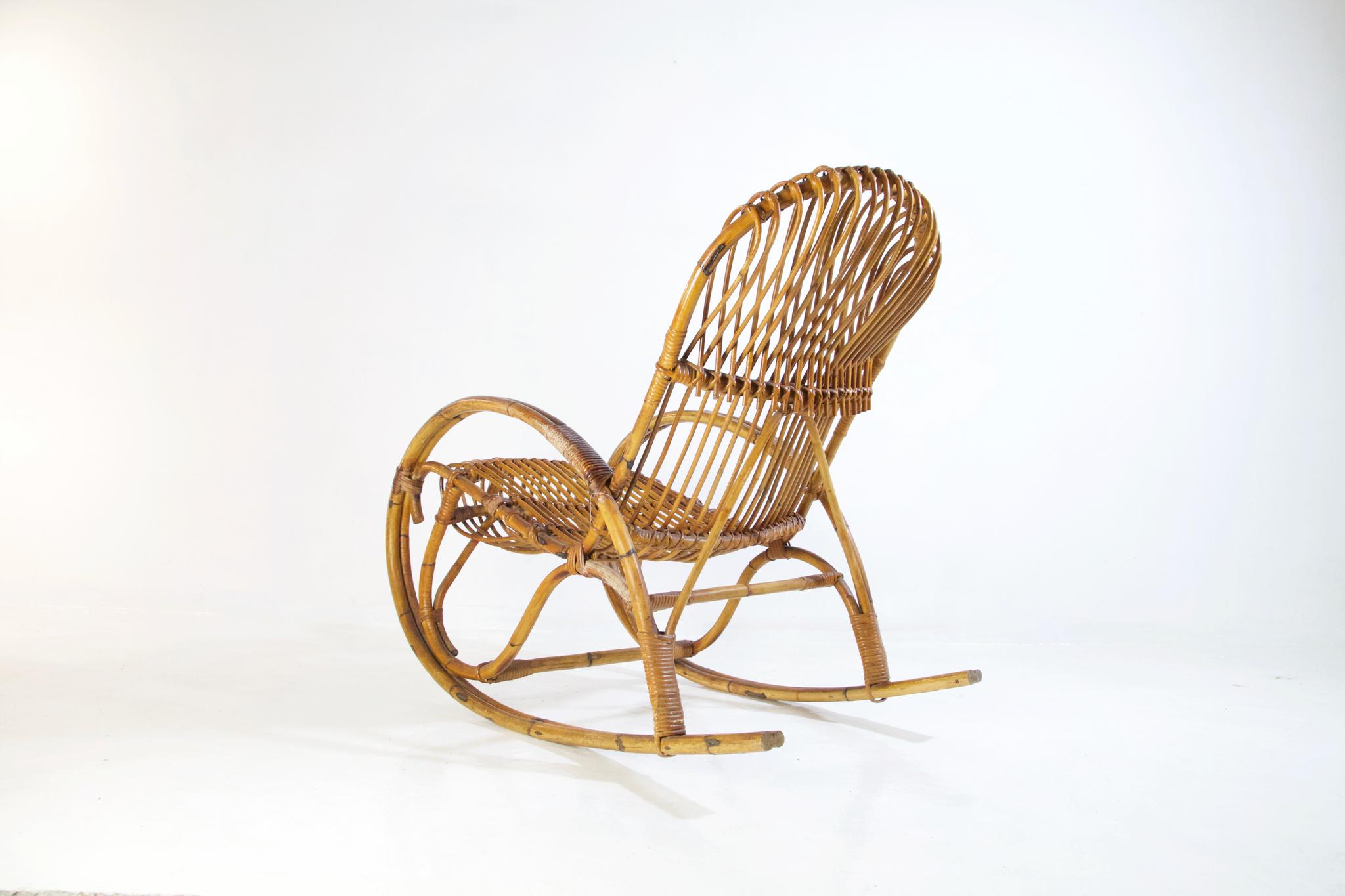 20th Century Midcentury Bamboo Rocking Chairs in the Style of Franco Albini Italy For Sale