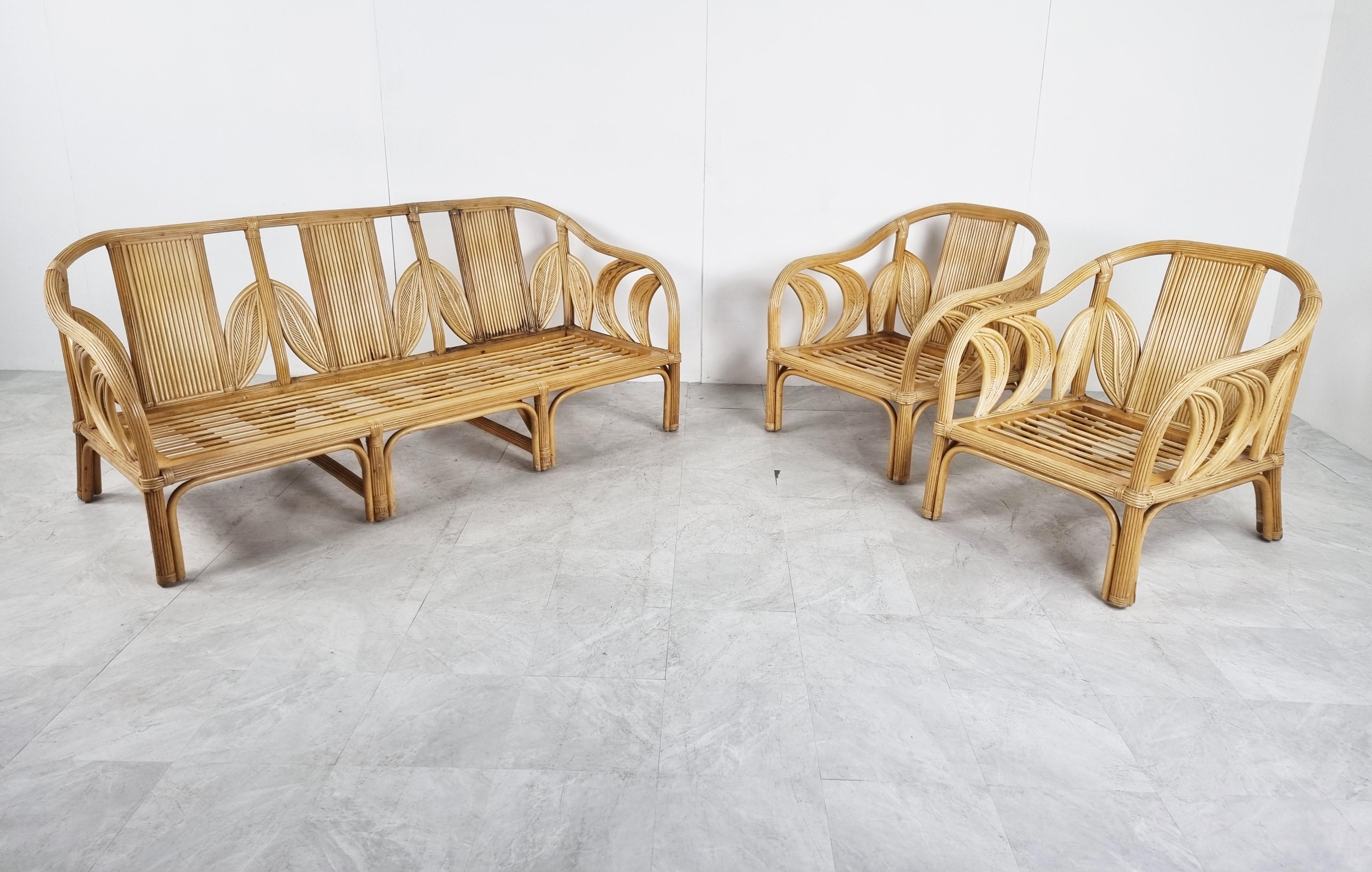 Bohemian Mid Century Bamboo Sofa Set, 1980s