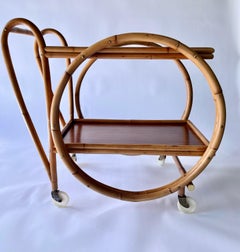 Carrello da tè o carrello da bar in bambù di metà secolo, tavolo, ottone, noce