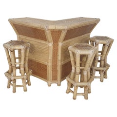 Used Mid-century bamboo tiki bar and stools, 1970's