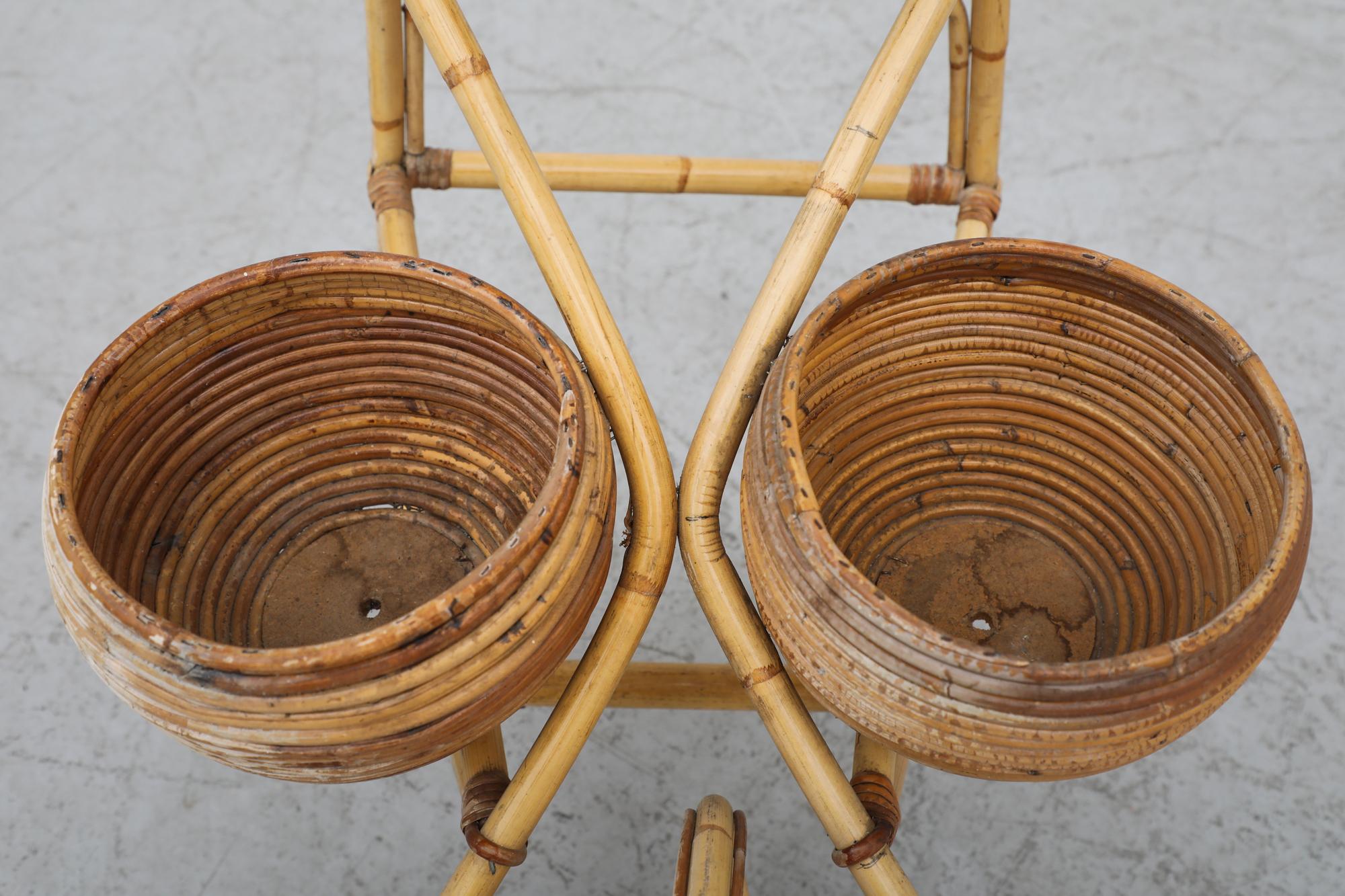 Vittorio Bonacina (attr) Mid-Century Light Bamboo Wheelbarrow Planter, 3 Baskets For Sale 5
