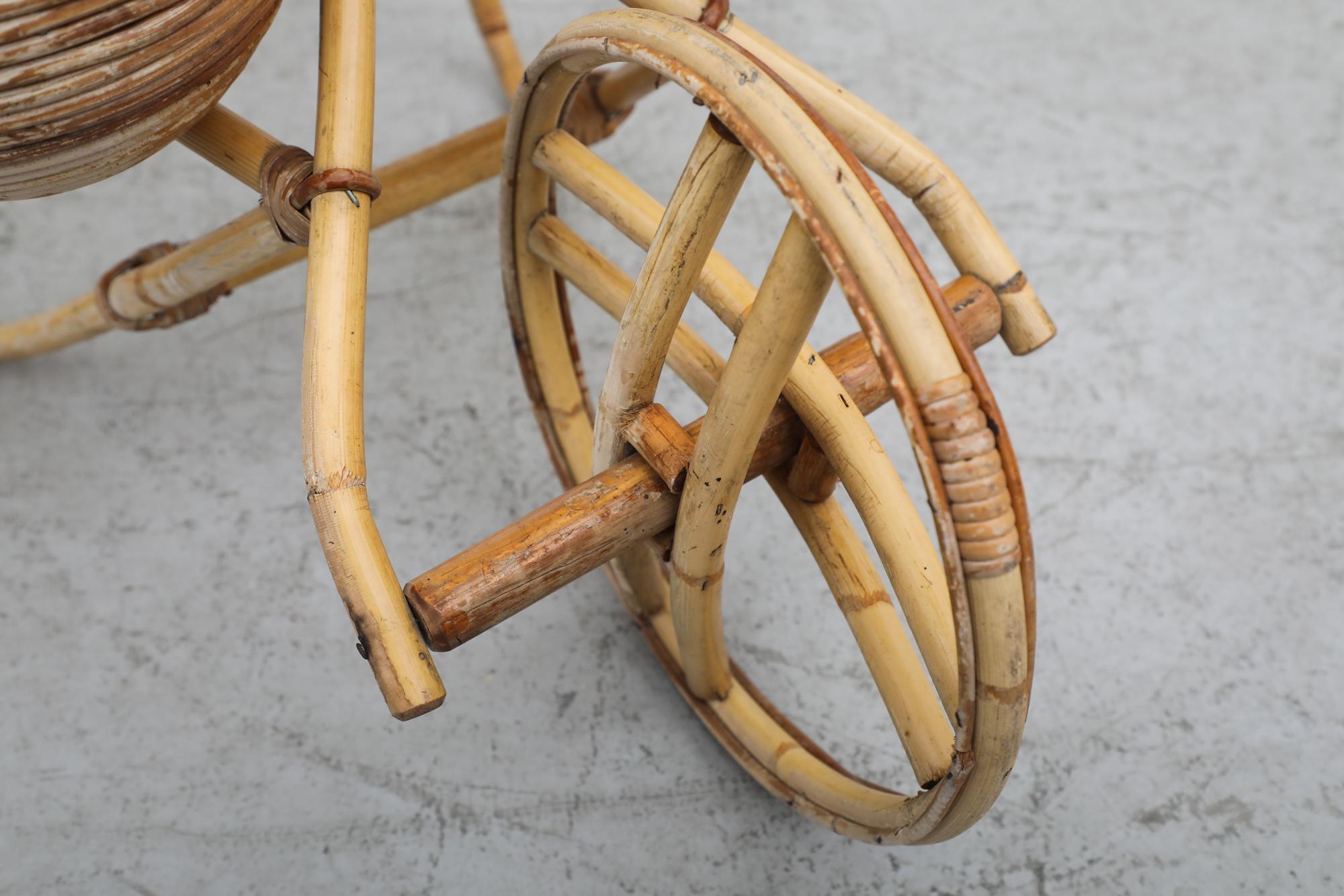 Vittorio Bonacina (attr) Mid-Century Light Bamboo Wheelbarrow Planter, 3 Baskets For Sale 6