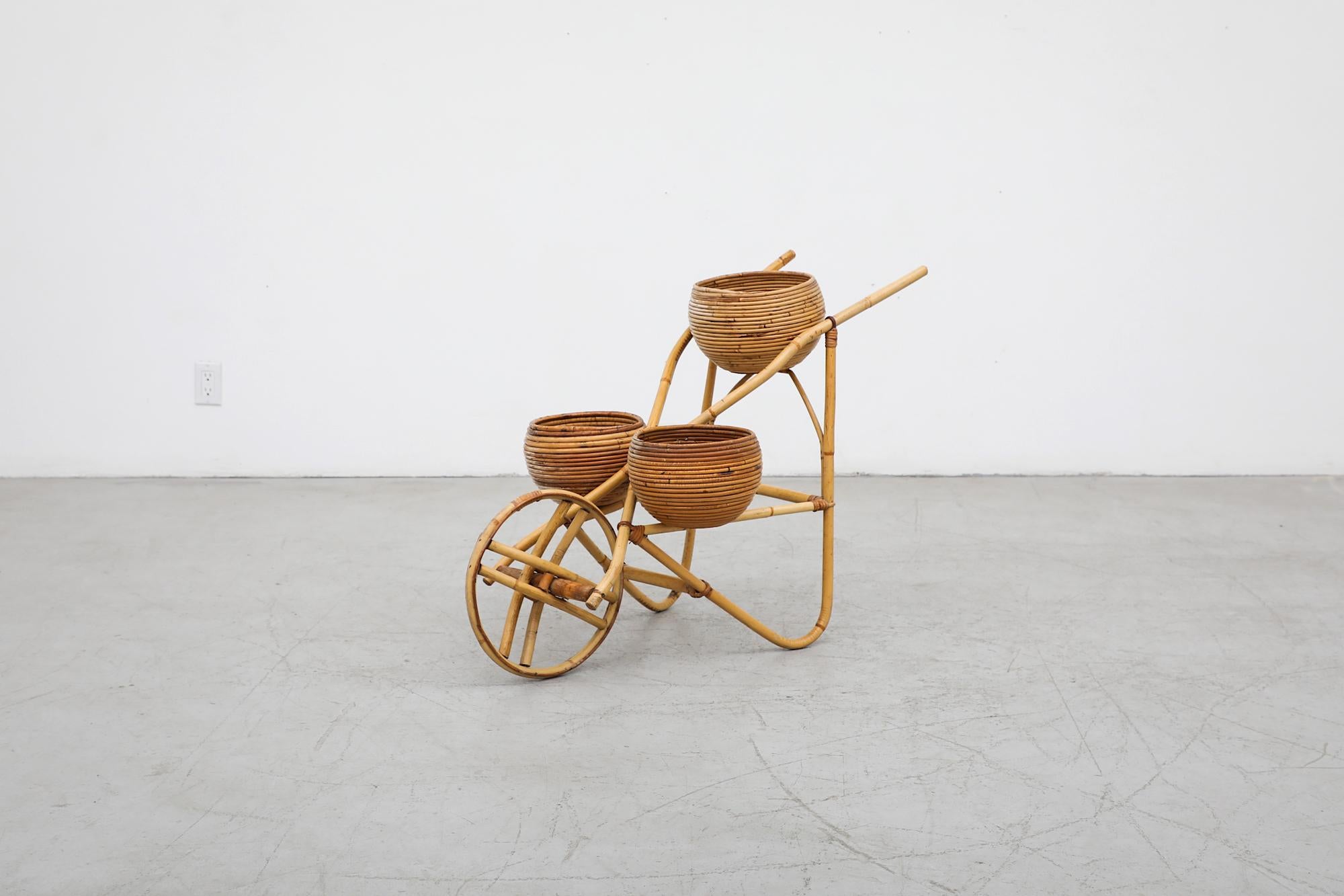 Vittorio Bonacina (attr) Mid-Century Light Bamboo Wheelbarrow Planter, 3 Baskets For Sale 9