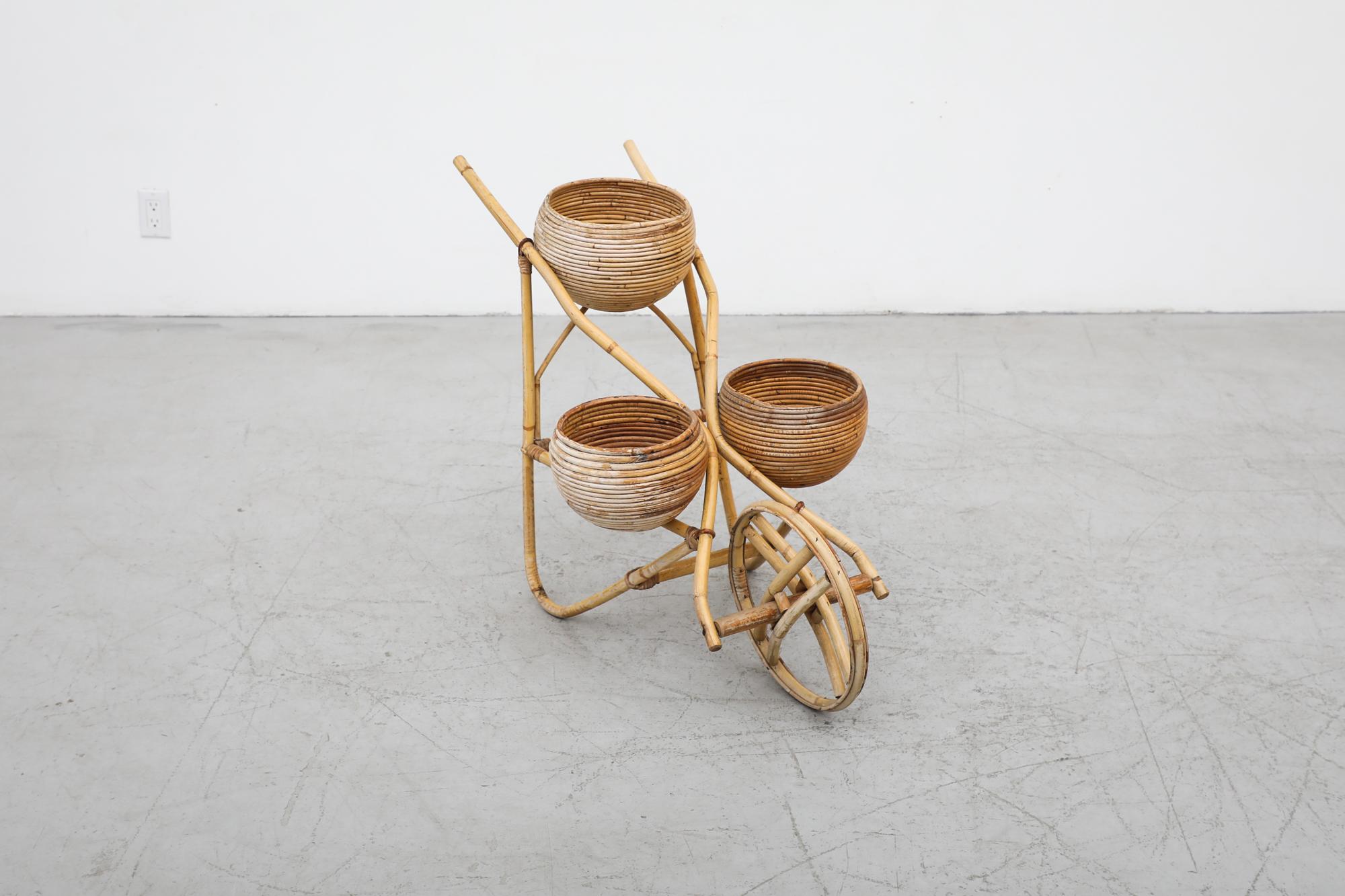 Mid-Century Modern Vittorio Bonacina (attr) Mid-Century Light Bamboo Wheelbarrow Planter, 3 Baskets For Sale
