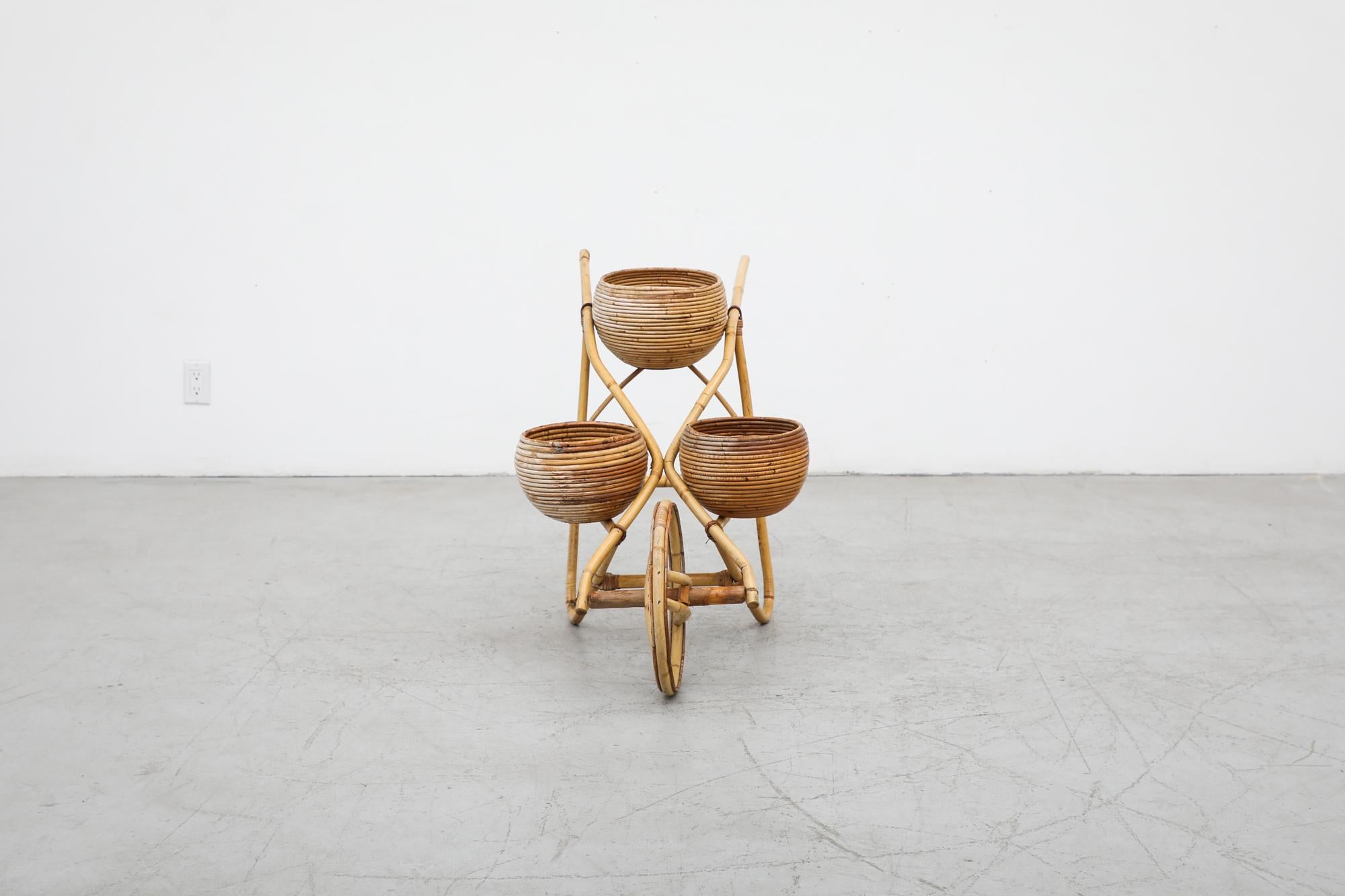 Dutch Vittorio Bonacina (attr) Mid-Century Light Bamboo Wheelbarrow Planter, 3 Baskets For Sale