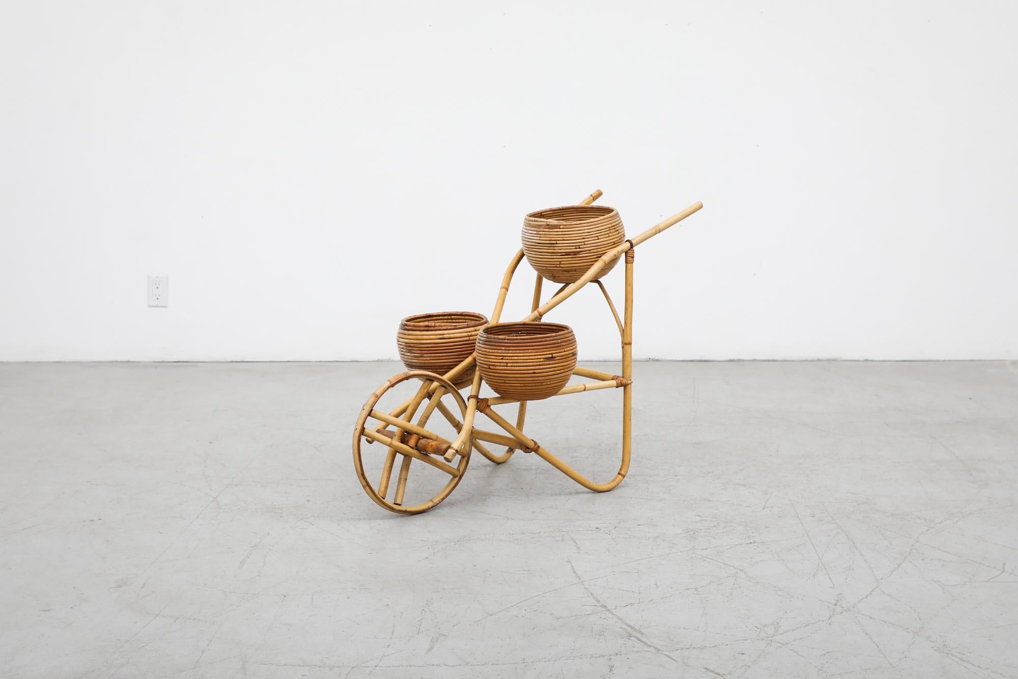 Vittorio Bonacina (attr) Mid-Century Light Bamboo Wheelbarrow Planter, 3 Baskets In Good Condition For Sale In Los Angeles, CA