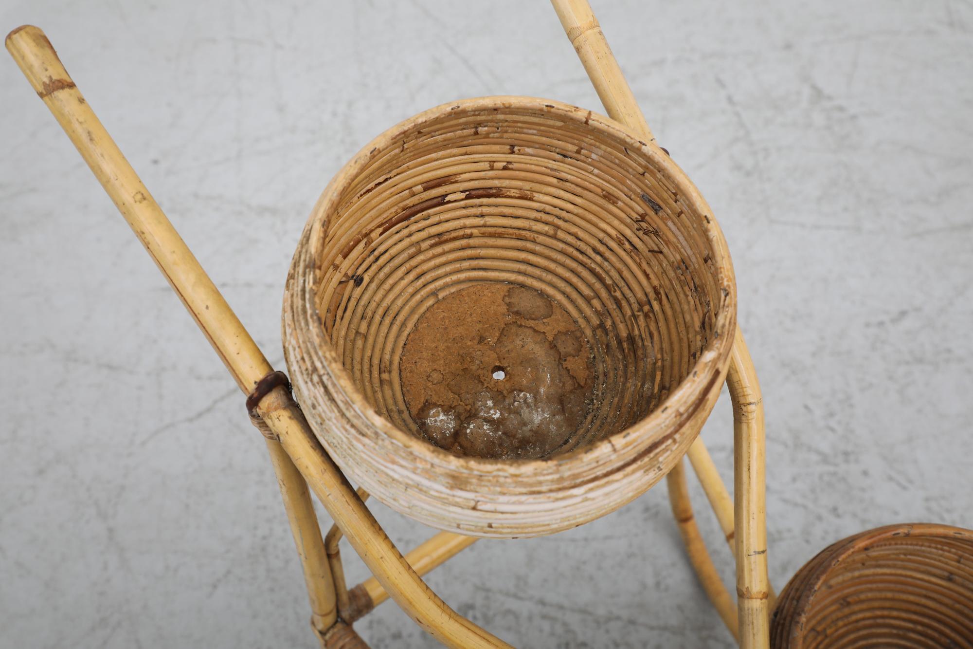 Vittorio Bonacina (attr) Mid-Century Light Bamboo Wheelbarrow Planter, 3 Baskets For Sale 3