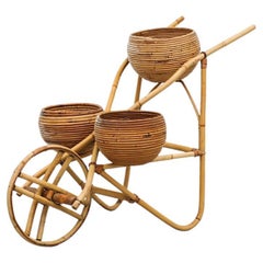 Antique Midcentury Bamboo Wheelbarrow Planter