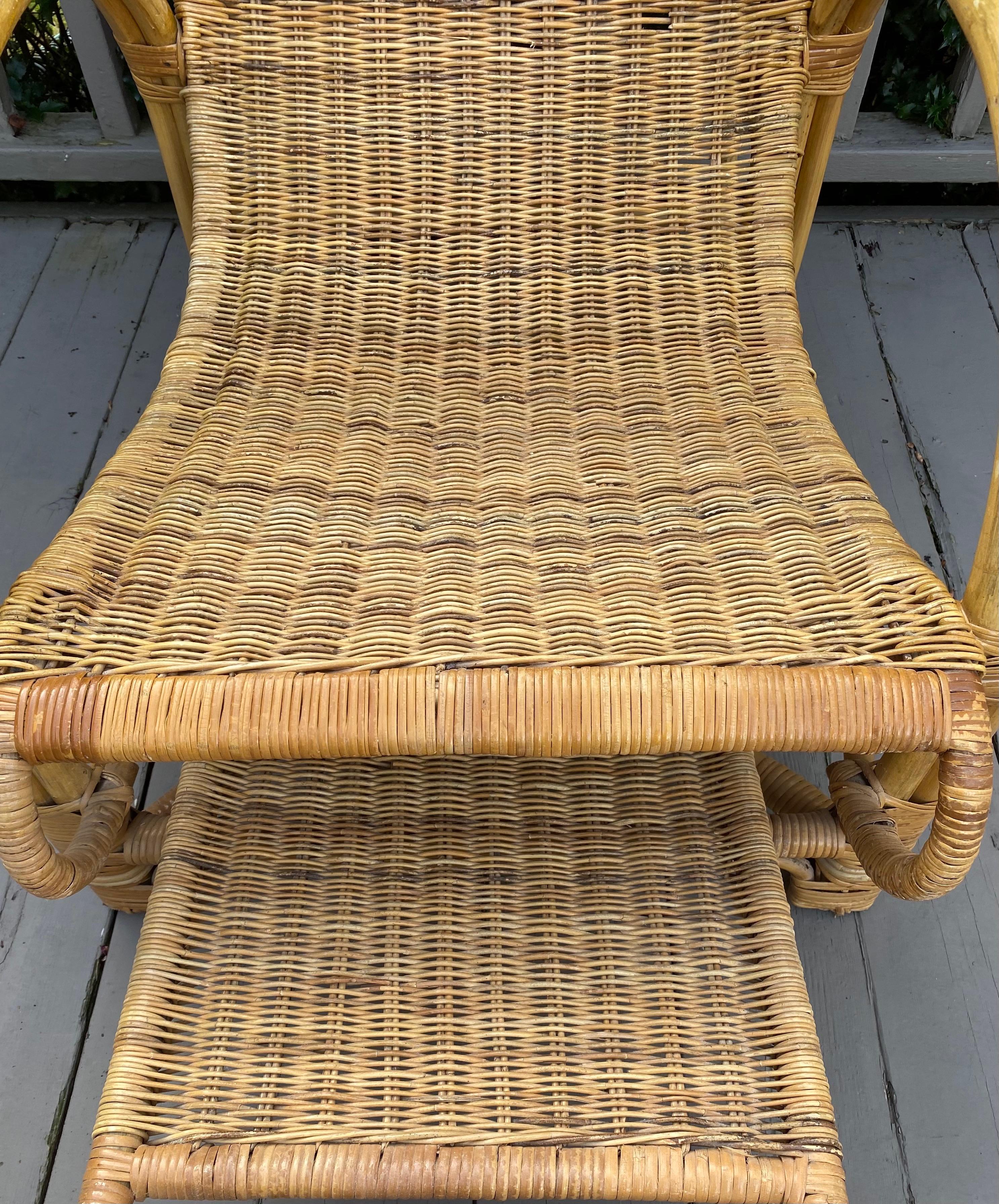 Mid Century Bamboo Wicker Lounge Chair with Extendable Ottoman 2