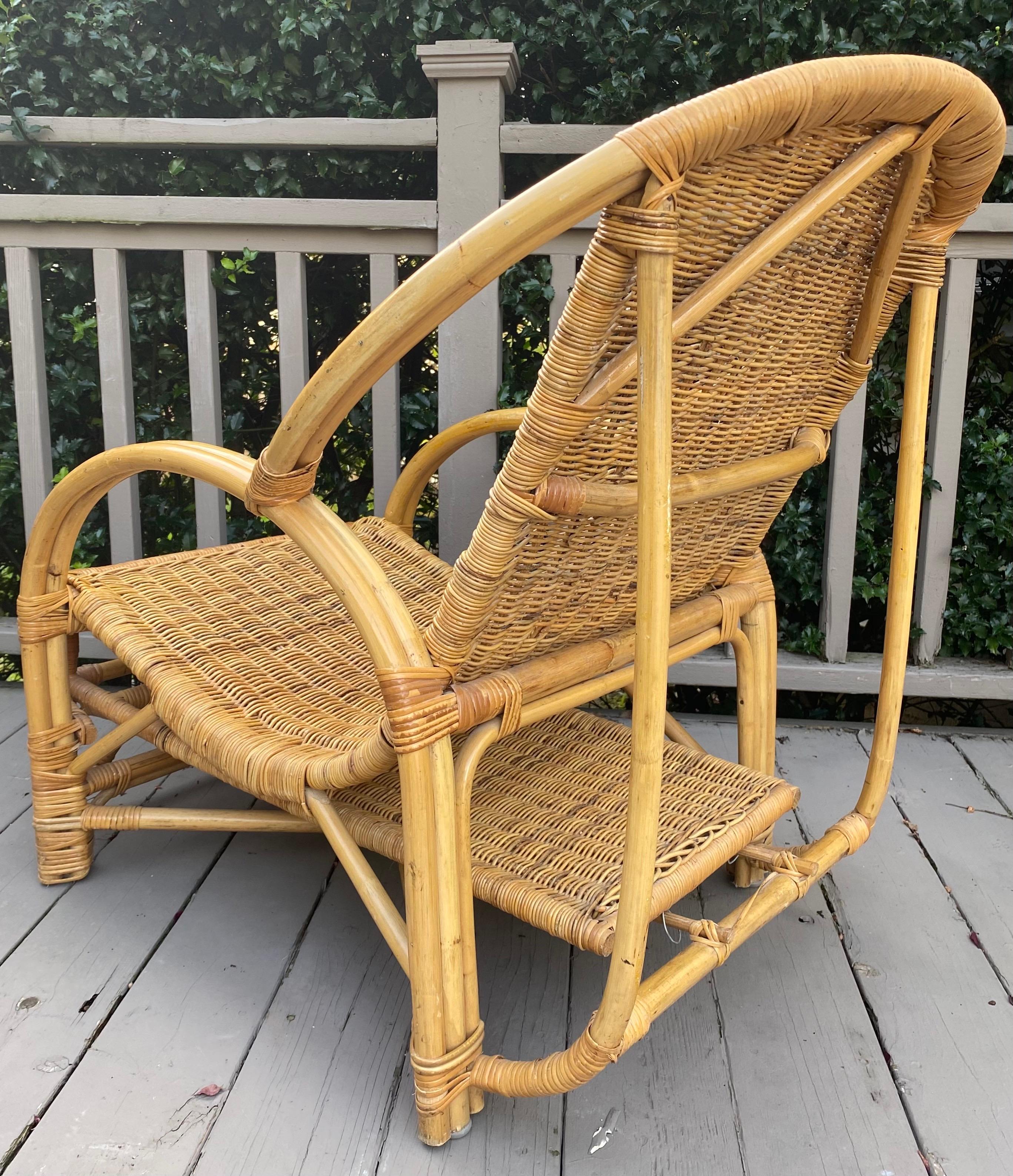 Mid Century Bamboo Wicker Lounge Chair with Extendable Ottoman 3