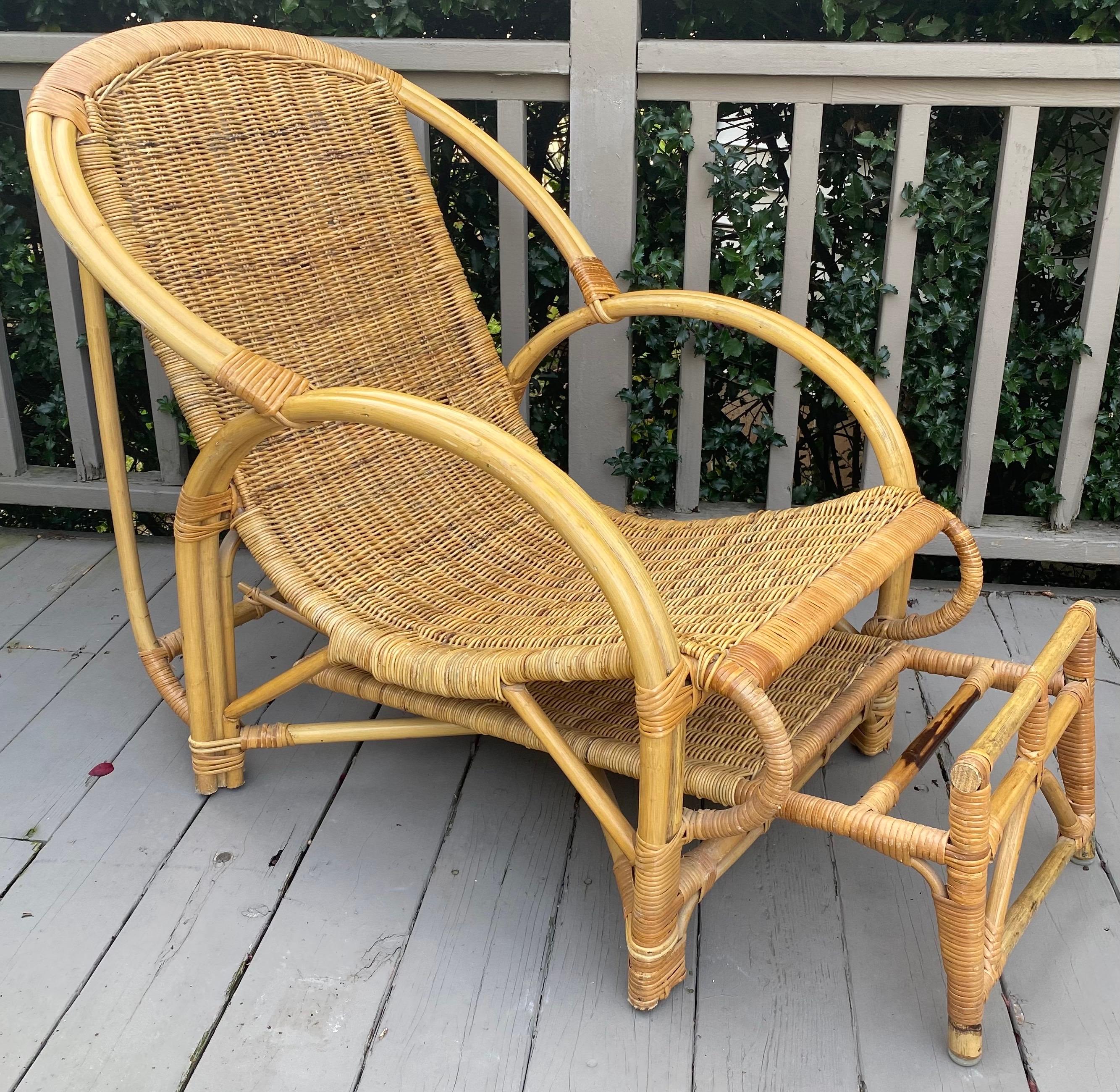 Mid Century Bamboo Wicker Lounge Chair with Extendable Ottoman 4
