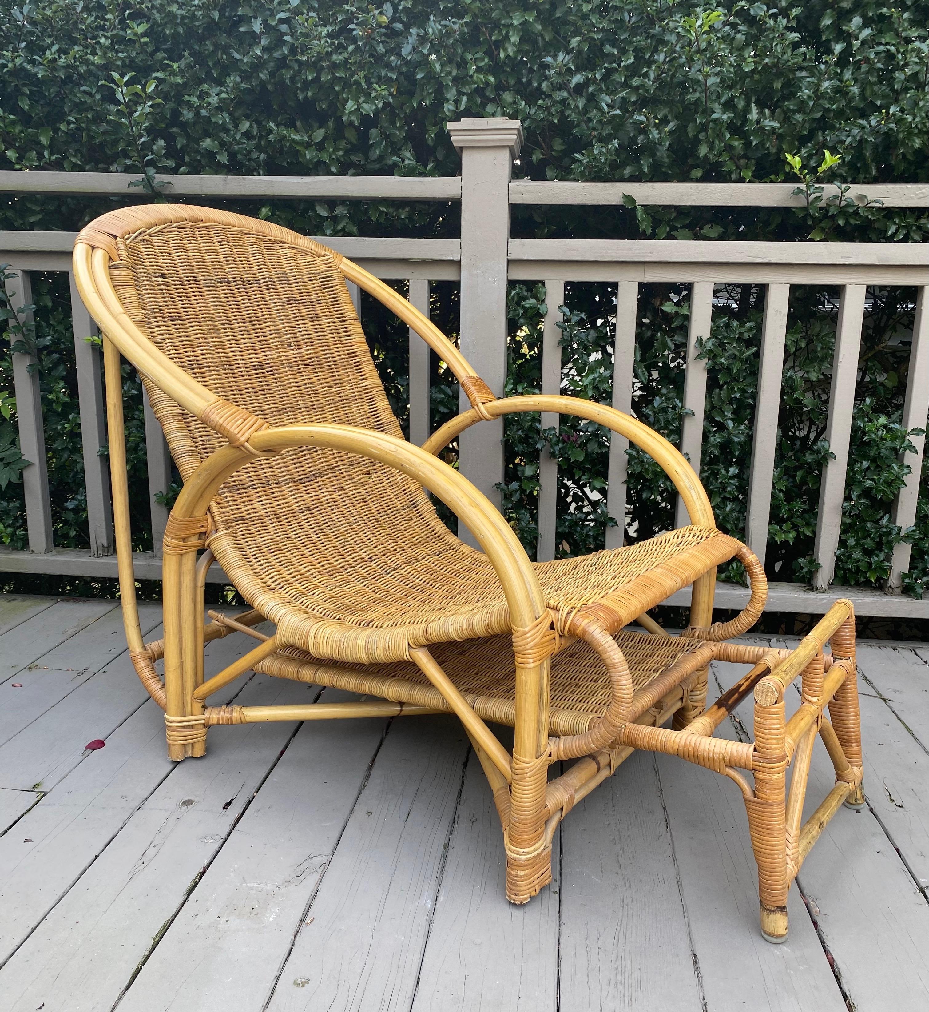 Mid Century Bamboo Wicker Lounge Chair with Extendable Ottoman 5