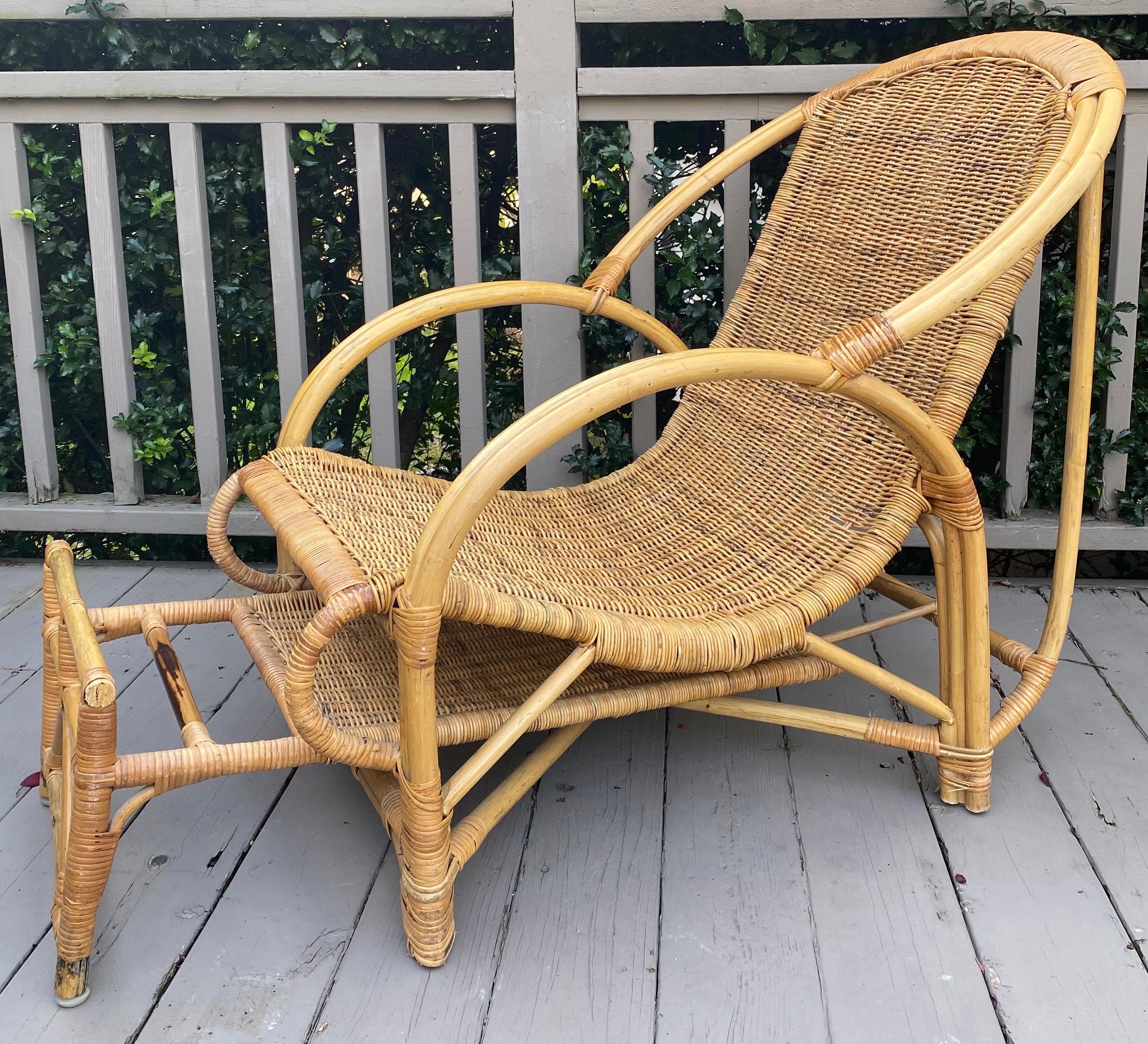 Mid Century Bamboo Wicker Lounge Chair with Extendable Ottoman 6