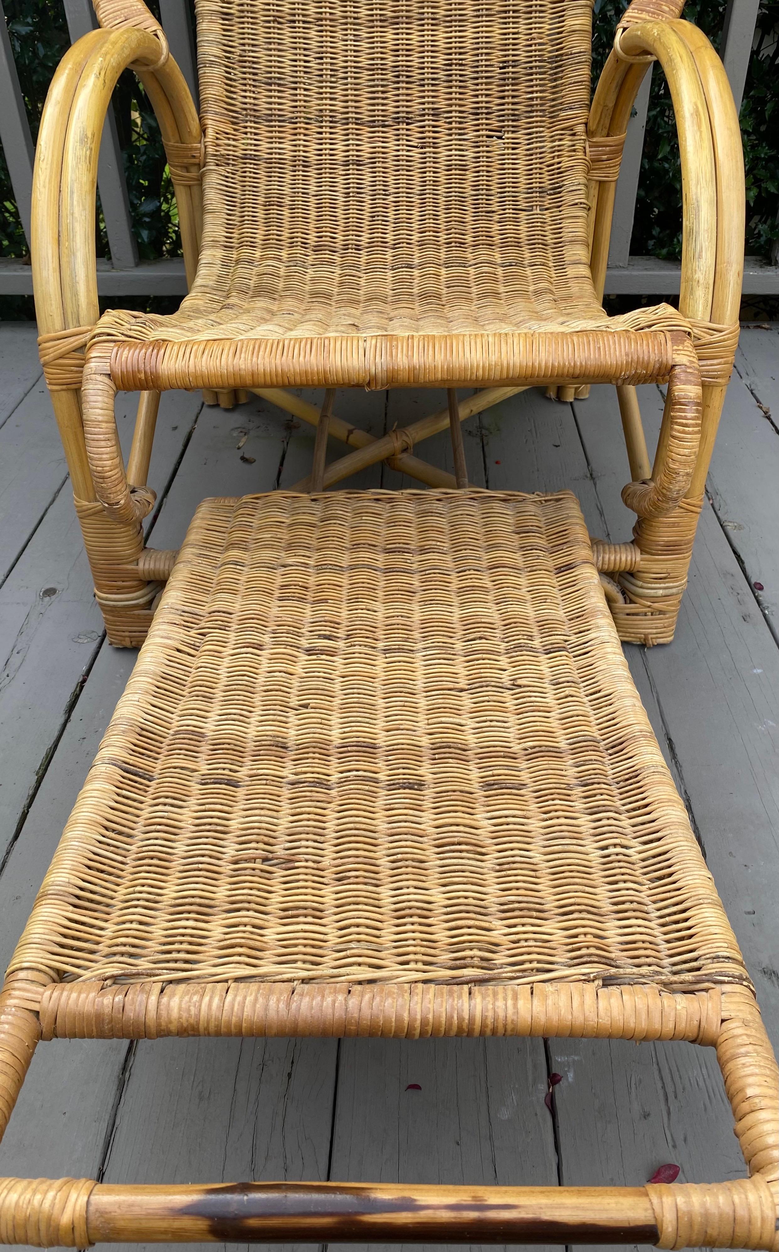 Mid Century Bamboo Wicker Lounge Chair with Extendable Ottoman 7