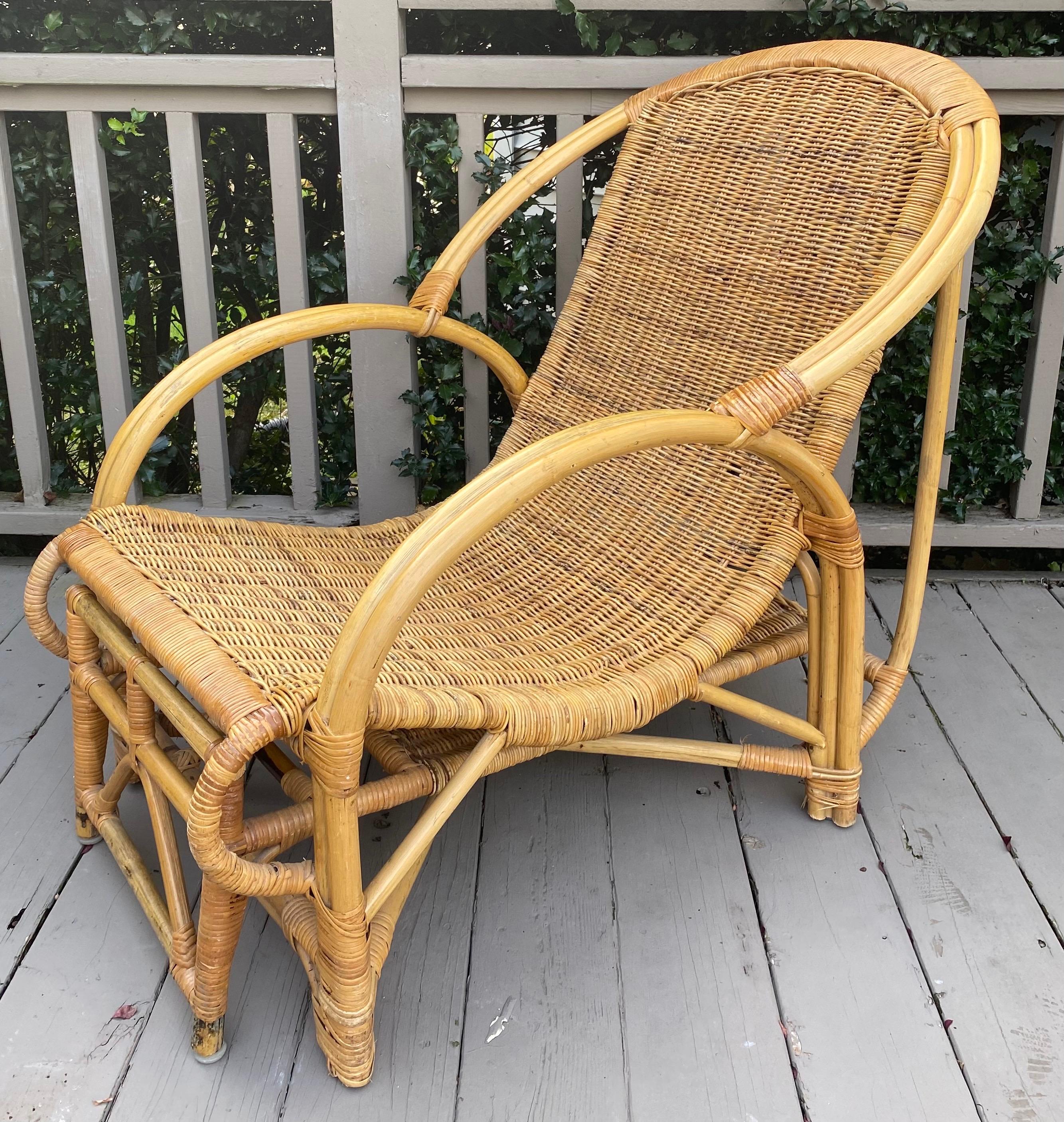 Mid-Century Modern Mid Century Bamboo Wicker Lounge Chair with Extendable Ottoman