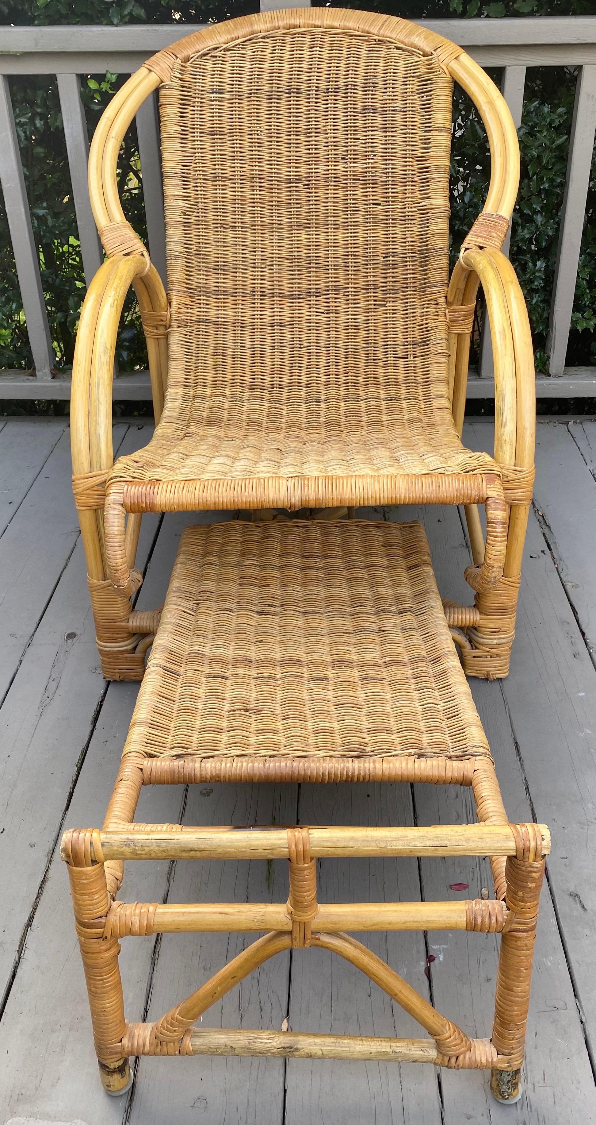 Late 20th Century Mid Century Bamboo Wicker Lounge Chair with Extendable Ottoman