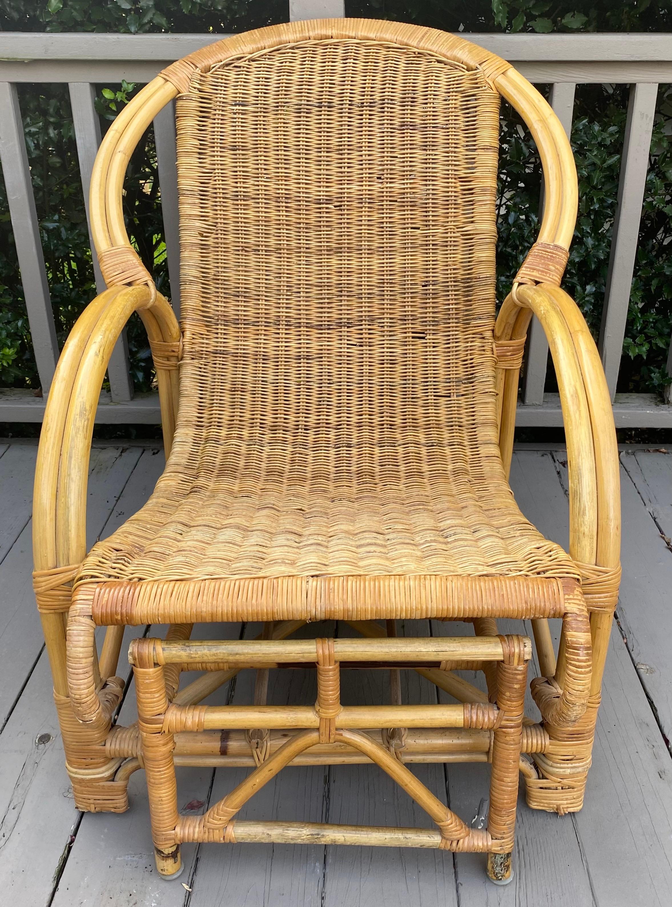 Mid Century Bamboo Wicker Lounge Chair with Extendable Ottoman 1