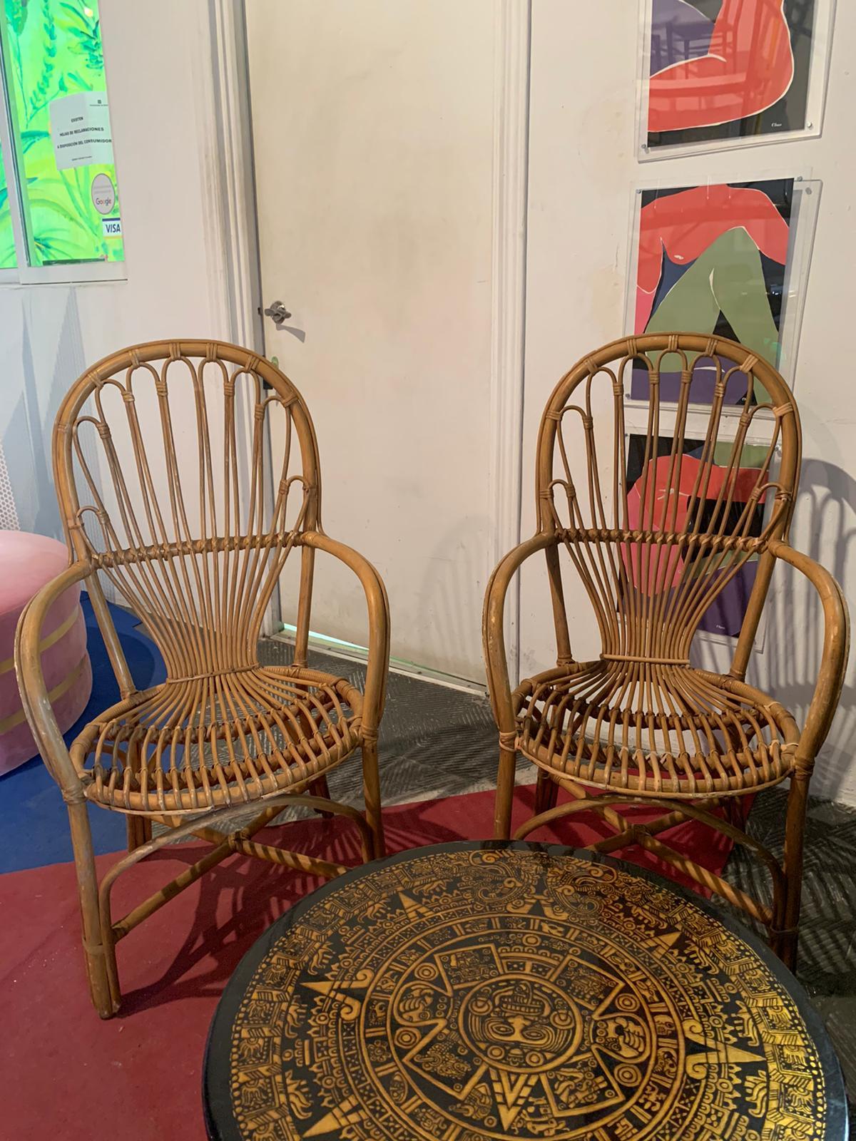 Midcentury Bamboo Wicker Pair of Armchairs, France, 1970 For Sale 1